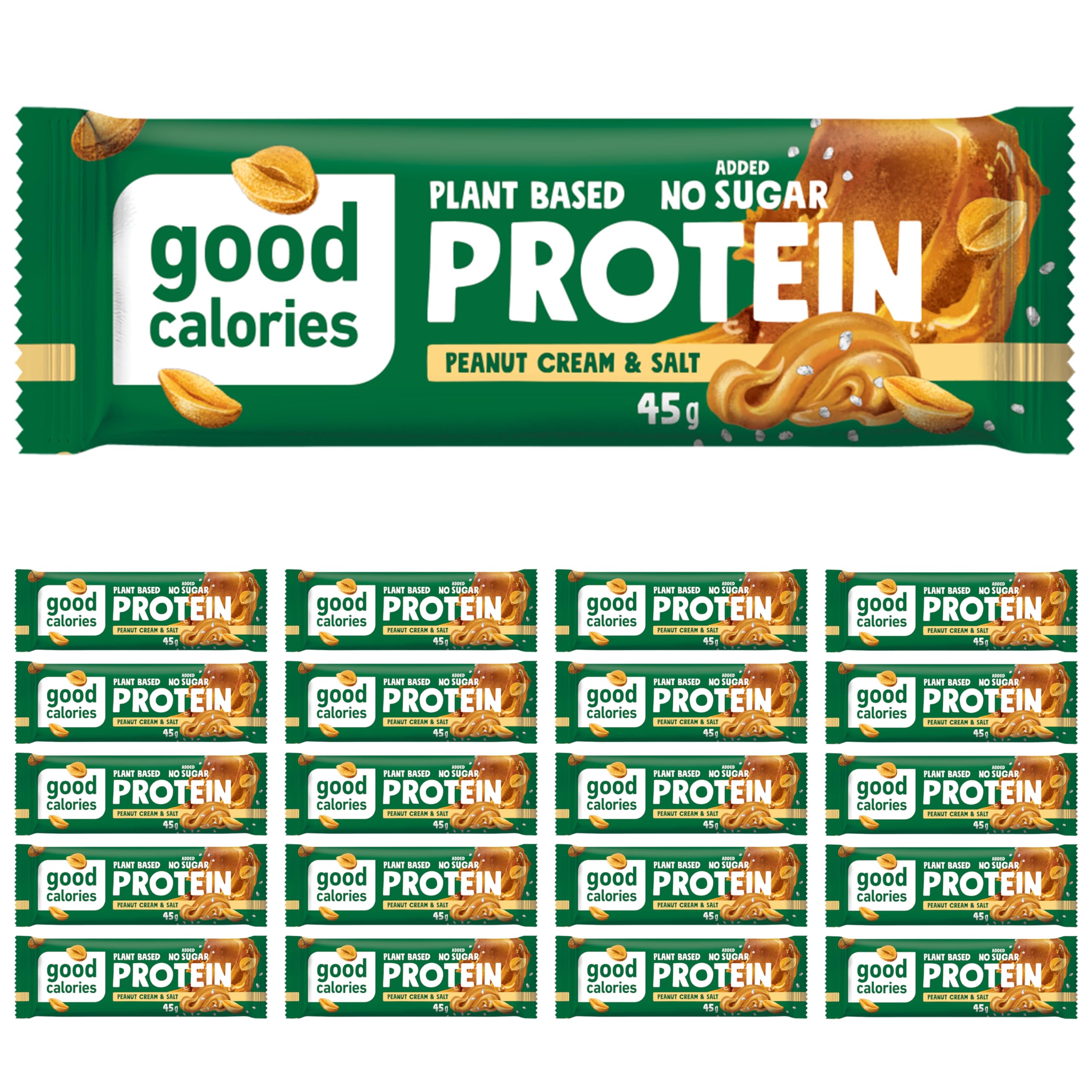 Good Calories - Proteinriegel Erdnusscreme & Salz - 20 x 45g - Natürlicher Veganer Eiweißriegel mit 24% Pflanzlichem Protein - Ohne Zuckerzusatz, Reich an Ballaststoffen, Perfekt als Snack