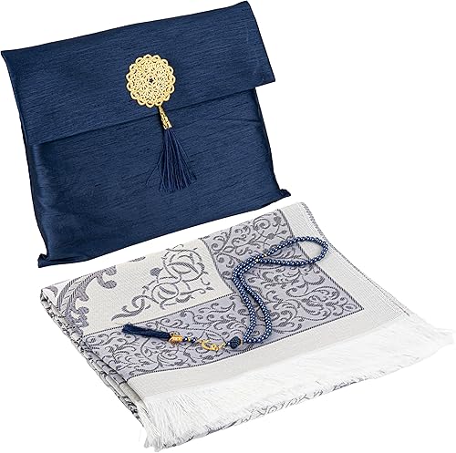 Modefa Juego de estera de oración islámica  Janamaz Sajadah en bolsa de regalo de tafetán con cuentas de oración Tasbih  Alfombra turca de chenilla