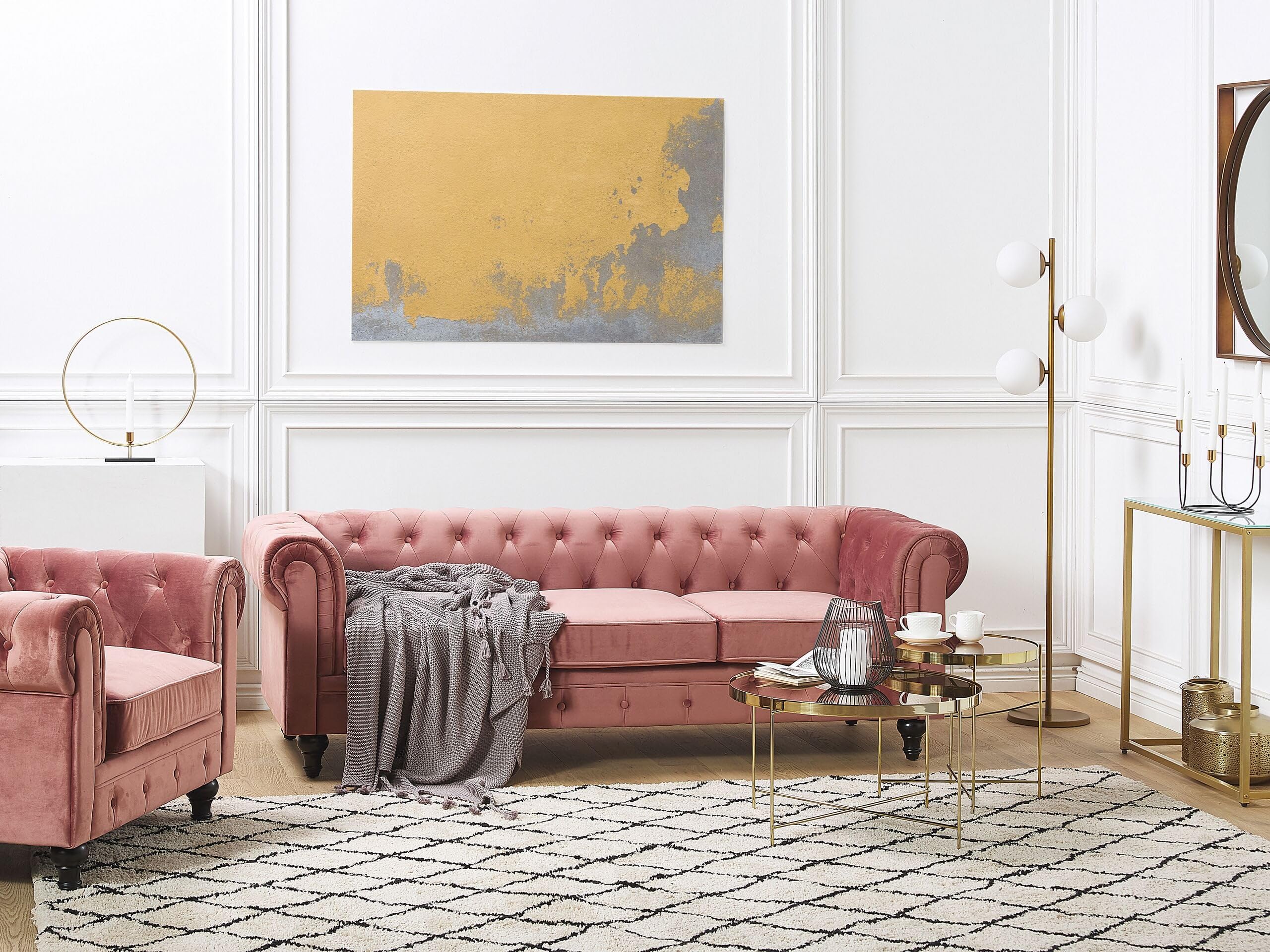Beliani Conjunto de salón Chesterfield tapizado en Tela de Terciopelo Rosa sofá 3 plazas + sillón Patas de Madera Oscura Estilo contemporáneo Chesterfield