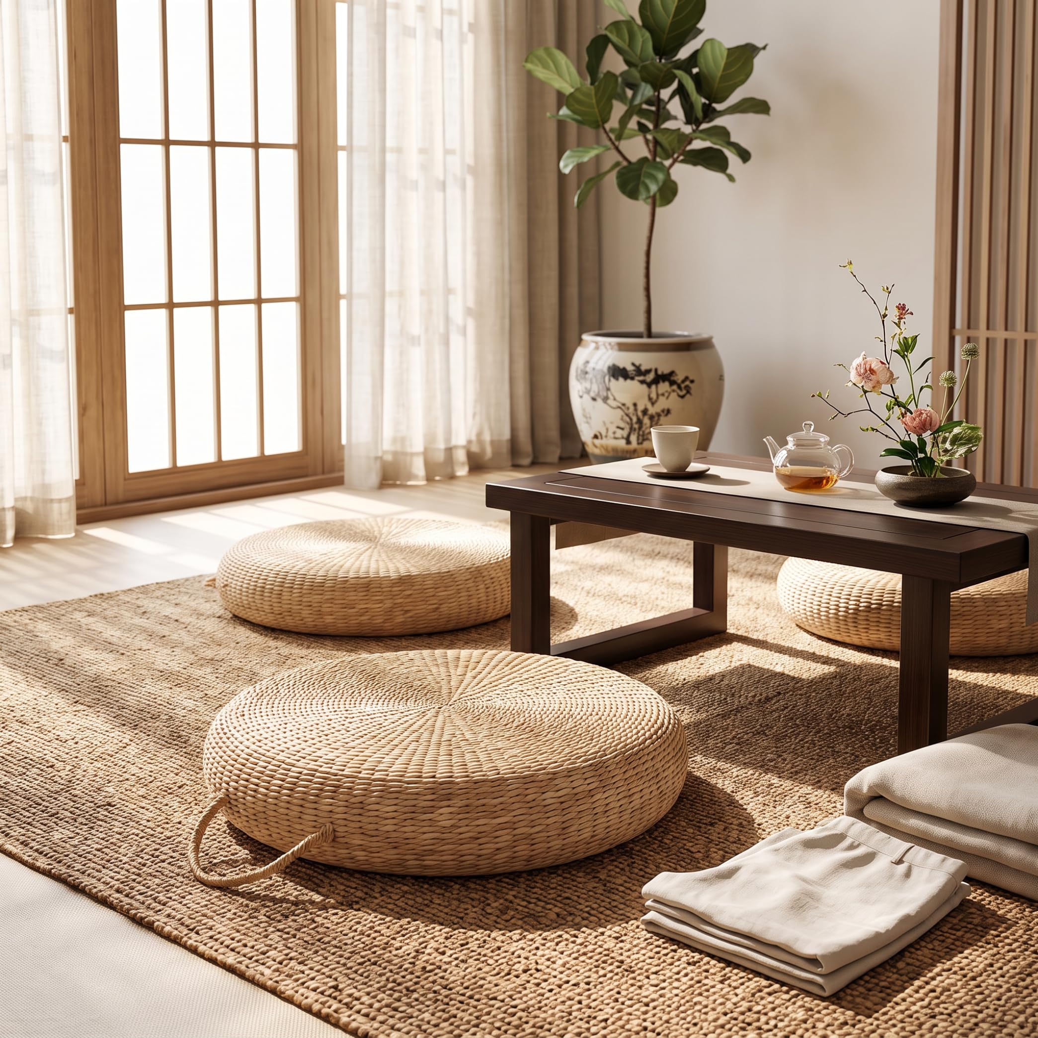 1 cojín de suelo japonés, cojín de meditación de paja natural (16x3, 9)