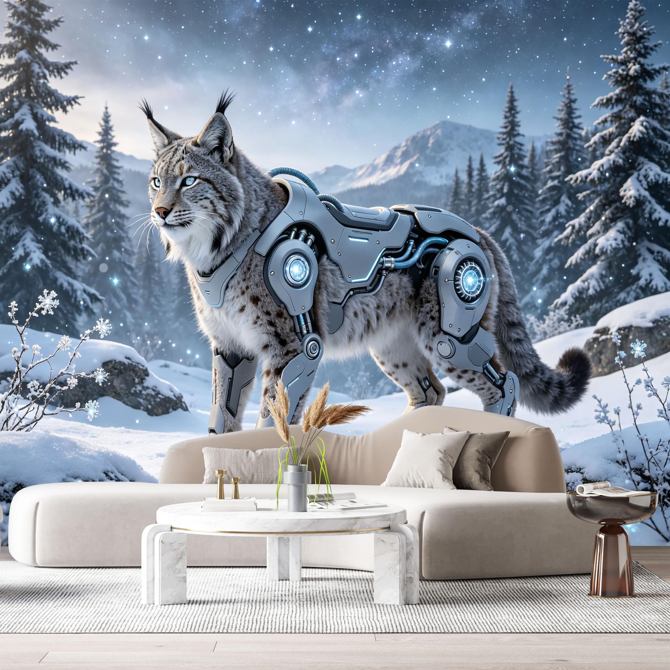 Custom Size Wall Mural Cybernetic Lynx Mech Snow Mountain SciFi Mechanical Beast Futuristic Armor Style SelfAdhesive Art Prints Removable Large Wallpaper Esports Room Game Room Studio
