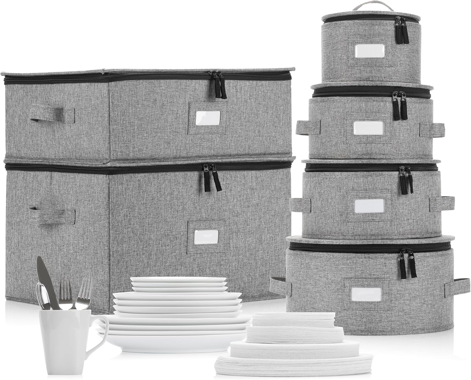 8pcs Hard Shell China Dinnerware Storage Containers with Lid - Heavy Duty Mug, Wine Glass, Platter, Silverware and Plate Storage Box