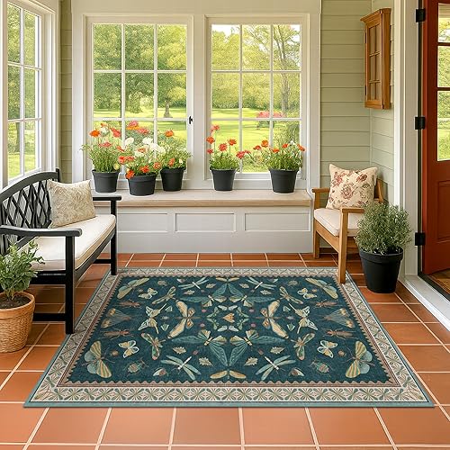 Dark Teal 4x6 Area Rugs for Door Mat Entrance - Vintage Floor Rug for Entryway, Mudroom Kitchen, Floral Forest Insect Print, Washable Low Pile Non-Slip Stain Resistant - 4' x 6' (Rectangular) - Teal