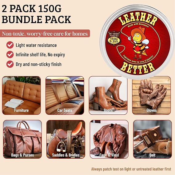 Leather Better All Natural Leather Furniture Cleaner and Conditioner, 10.04 oz - Beeswax, Tallow & Jojoba Oil/Conditions, Softens & Restores Leather Sofas, Boots, Car Seats, Saddles & Bags | Deeply conditions for 3+ months, Eco-Friendly Recyclable Tin, Ultra-Concentrated No-Waste Formula