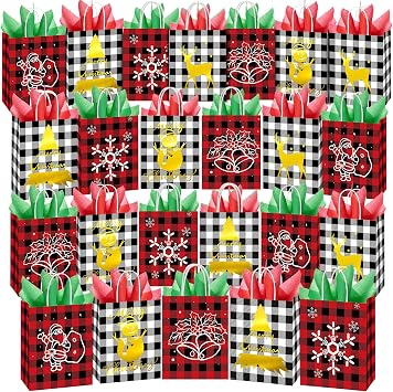 MOORAY Christmas Red and Black Buffalo Plaid Kraft Gift Bags with Tissue Paper 24PCS Christmas Paper Bags Xmas Party Bags for Christmas