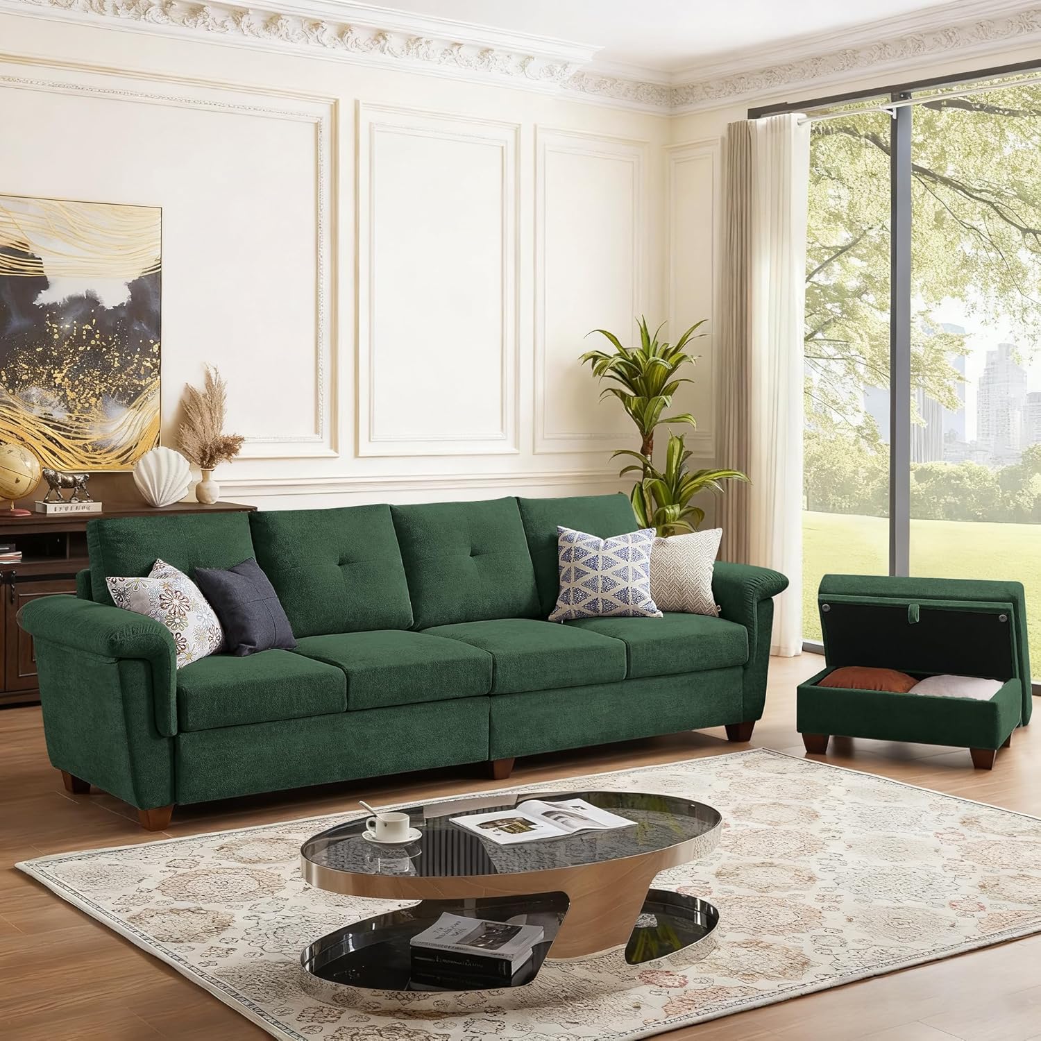 108" Sectional Sofa, Convertible L Shaped Sofa with Ottoman and Large Storage, 4 Seat Sectional Couch with Cup Holder, Couches for Living Room, Apartment, Office (Green)