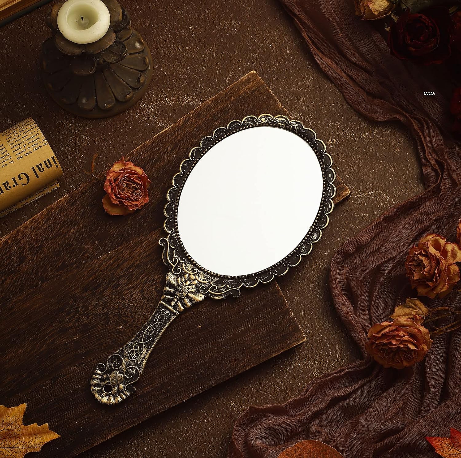 Namalu 20 Pcs Vintage Handheld Mirrors, 9.8" l x 4.5" W Portable Hand Held Embossed Flower Retro Compact Mirror with Handle for Women Face Makeup Travel Mother‘s Day Gift(Vintage, Black)