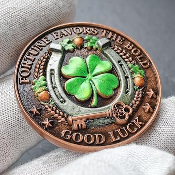 Fortune Favors the Bold Lucky Coin, Horseshoe & Four-Leaf Clover Good Luck Token for Everyday Carry & Gifts