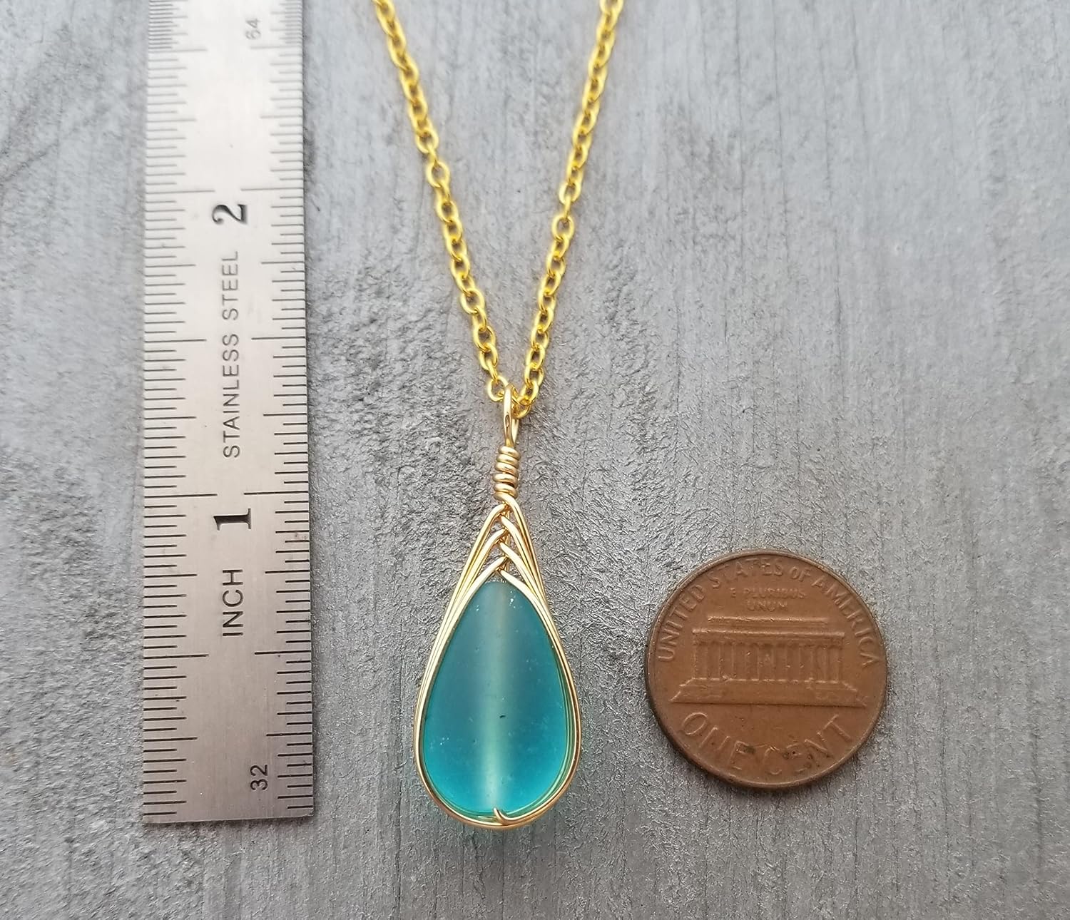 Yinahawaii Handmade Sea Glass Necklace, Hawaiian Jewelry For Women, Gold Wire Braided Teardrop Necklace, Beach Jewelry, Birthday Gift For Women