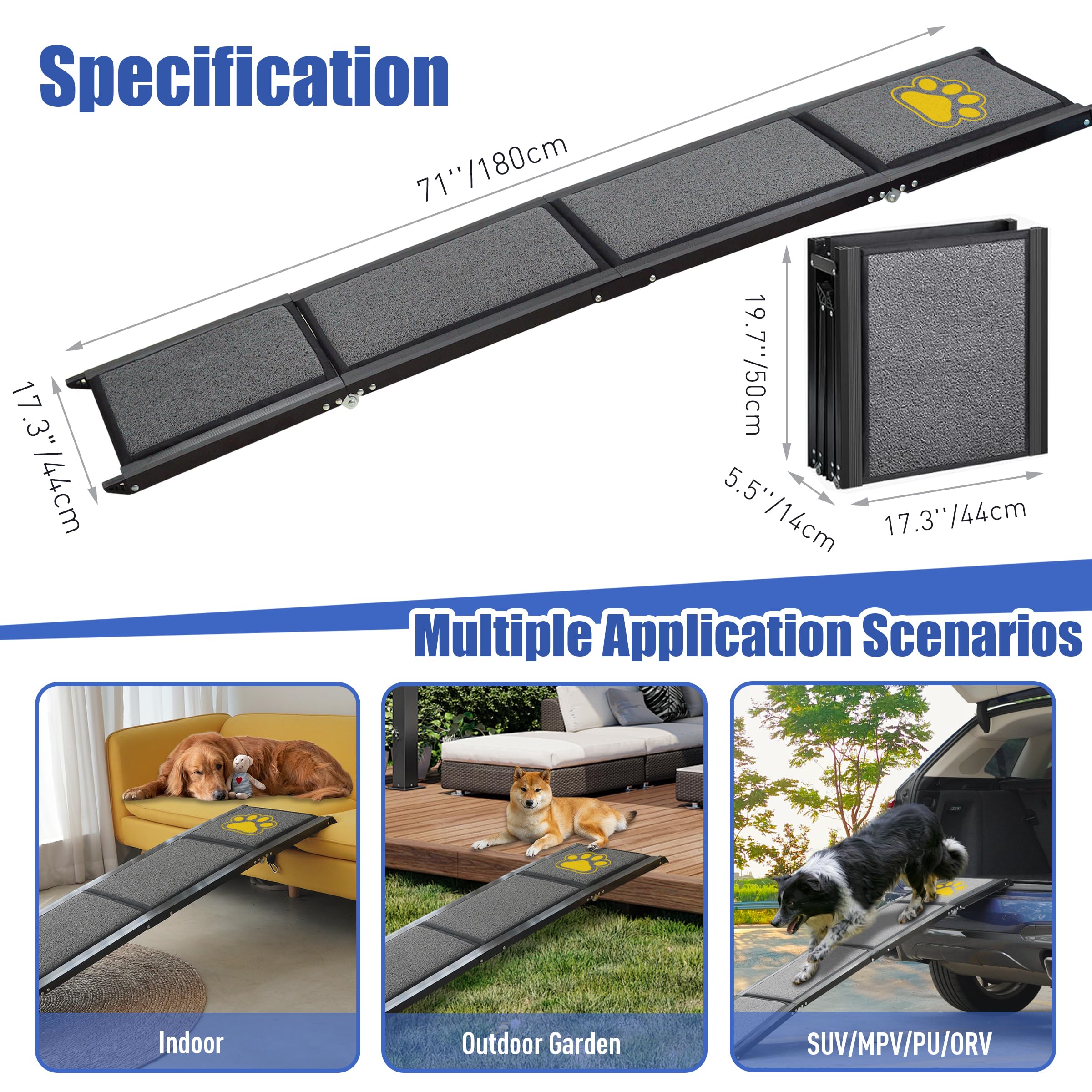 BACOENG 180cm Rampa para Perros Coche Plegable, Rampa para Perros portátil para Perros Grandes con Alfombra Antideslizante, Disponible para camión, Coche, SUV, Soporta hasta 110 KG