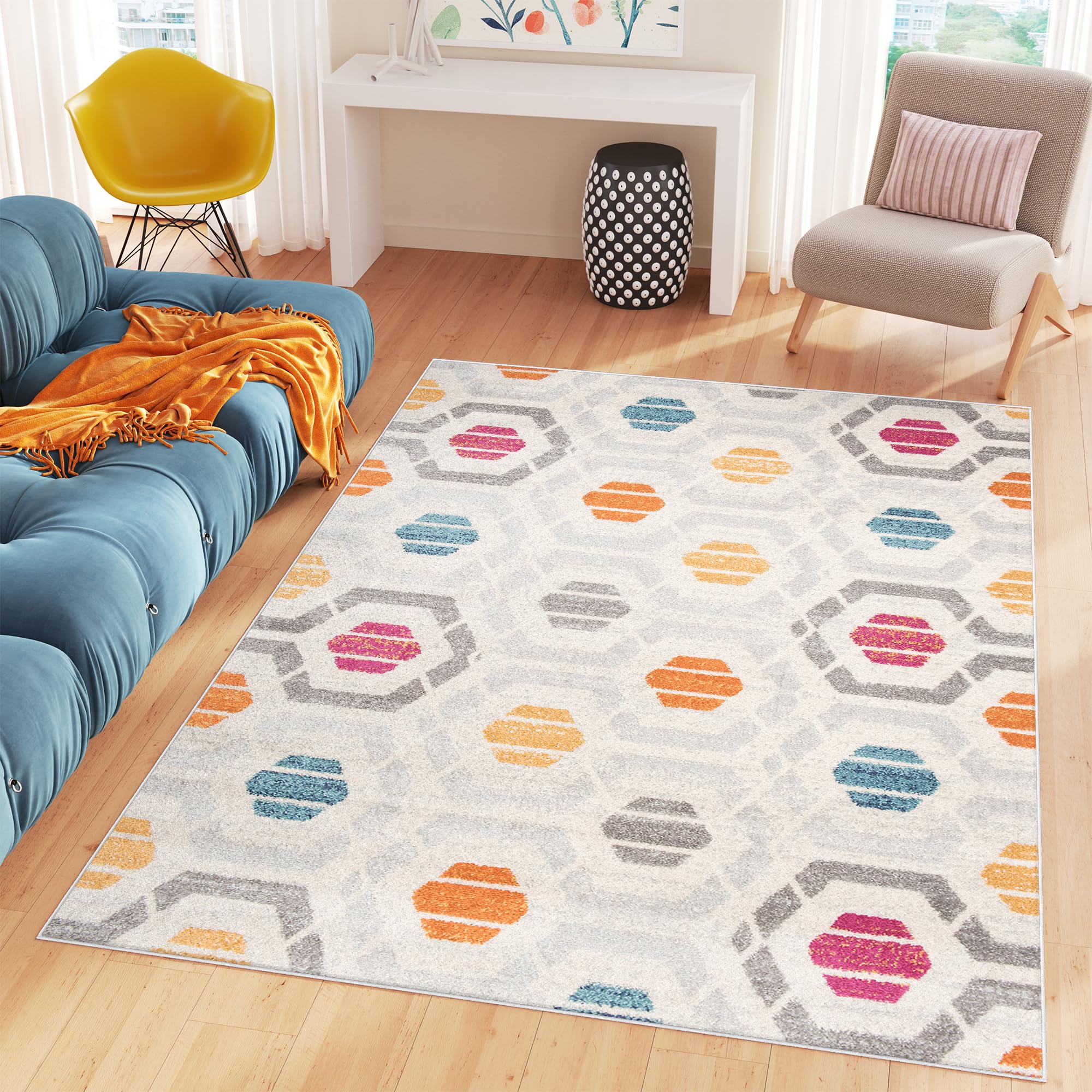 TAPISO Cosmo Alfombra de Pelo Corto Diseño Moderno Geométrico Crema Gris Rosa Amarillo Azul Alfombra de Salón Habitación Dormitorio Sala de Estar Oeko-Tex 140 x 200 cm