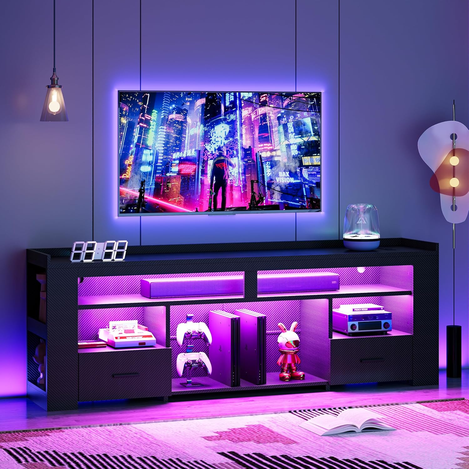 IRONCK TV Stand for 75 Inch TV, Carbon Fiber Entertainment Center with 2 Drawers, Charging Station & RGB LED Light, Gaming Media Console for PS4, Bedroom, Living Room, Black