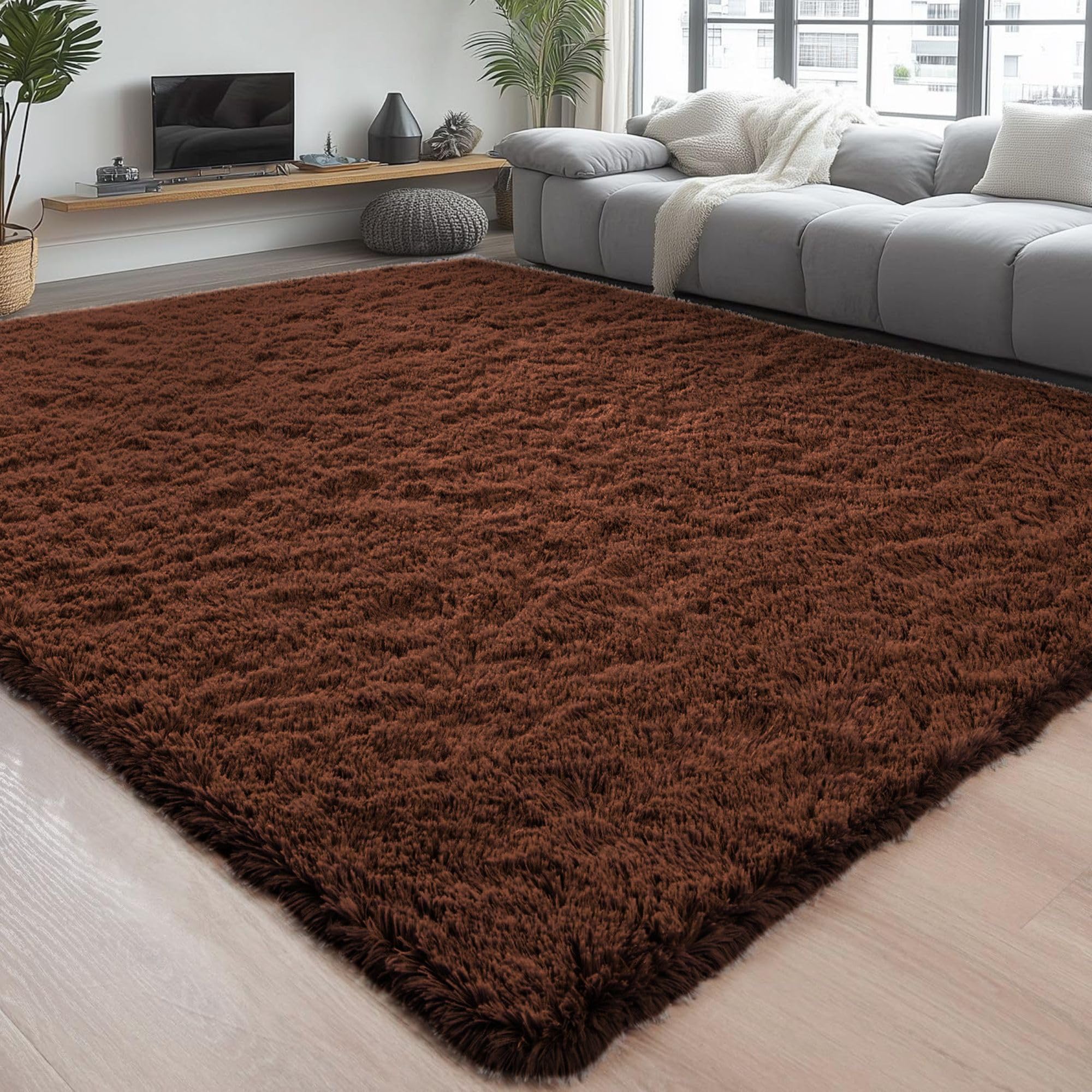 Hafaa Fluffy Shaggy Rugs Living Room Brown 200x290 cm, Extra Large Soft Thick Pile Carpet, Non Slip Bedside Rug for Kids Bedroom, Nursery, Lounge - Non-Shedding — image 1
