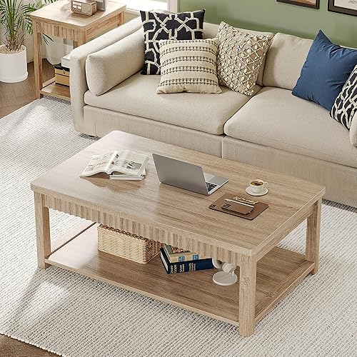 Miniatura 8 de Mesa de café, mesas de café modernas de 39 pulgadas para sala de estar con almacenamiento de 2 niveles y borde ondulado, mesa central de roble para