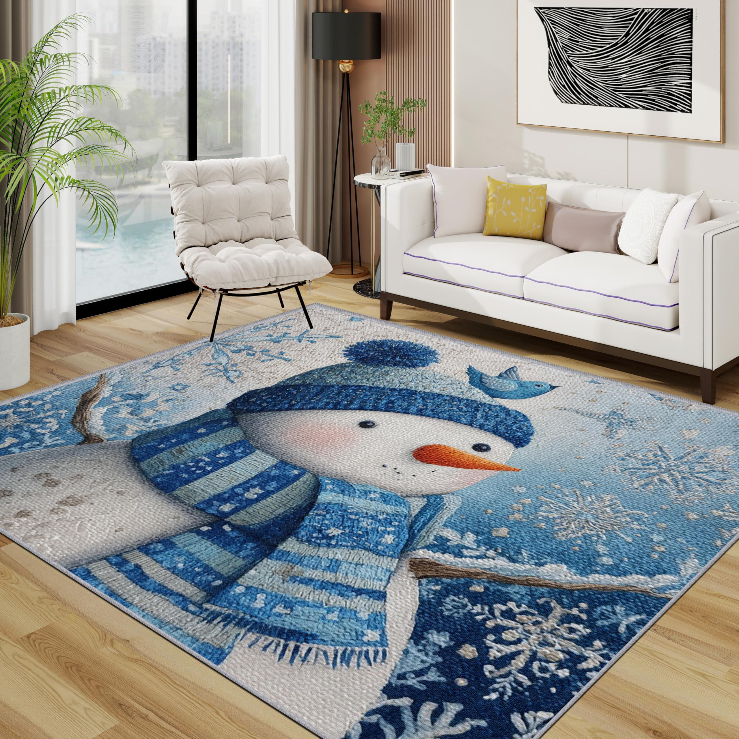 TerroVee Snowman Rugs Living Room Large 200x300 - Blue Cute Christmas Bedroom Rug, Winter Snowflake Xmas Washable Non Slip Low Pile Carpet, Snowman Home Decor