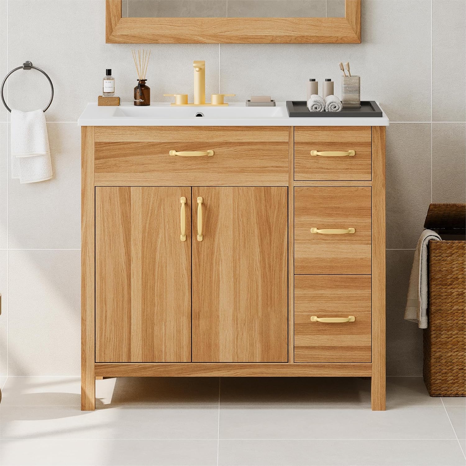 Mirightone 36" Bathroom Vanity with Sink, Bathroom Vanities with Left Offset Sink, 36 Inch Single Sink Bathroom Vanity with Soft-Close Doors & Drawers, Adjustable Shelf (Wood)