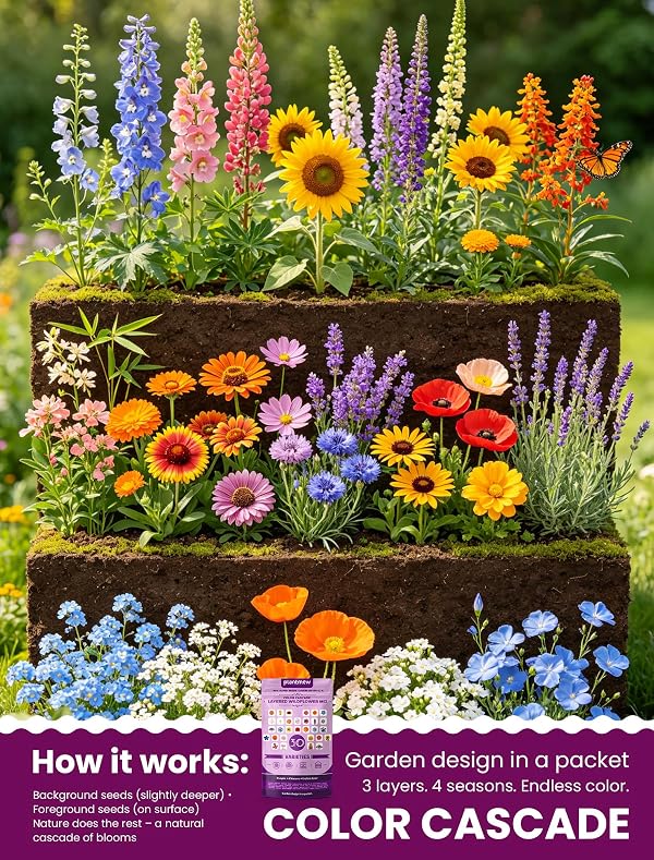Wild Flower Seeds Throw and Grow, Wildflower Seeds Perennial Flower Seeds to Plant Outside – Color Cascade 30 Heirloom Varieties Mix, 157,500+ Seeds (1LB) Covers 1350-1680 sq.ft., High Germination by PLANTMEW - Used condition - Image 2