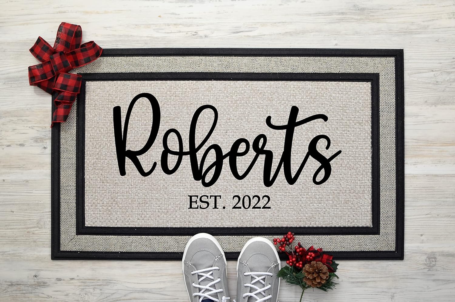 Personalized Family Name Doormat with Established Date, Custom Welcome Doormat, Wedding, Engagment, First Home, Housewarming,Gray 18 x 30 Rubber Backed Entrance Rug