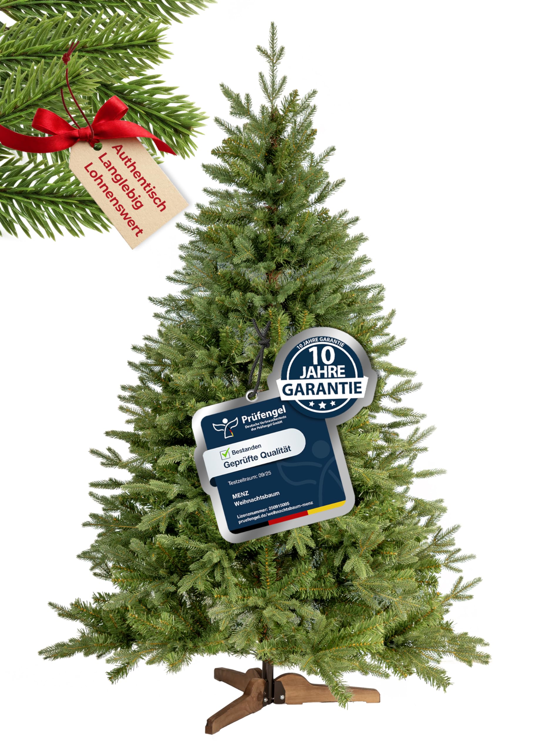 MENZ Weihnachtsbaum künstlich 180 cm, Testsieger 91/100, 10 Jahre Garantie. | Premium Tannenbaum künstlich, naturgetreue Nordmanntanne mit 1.050 Spitzen, Ø 115 cm, Holzständer, Christbaum, Christmas Tree