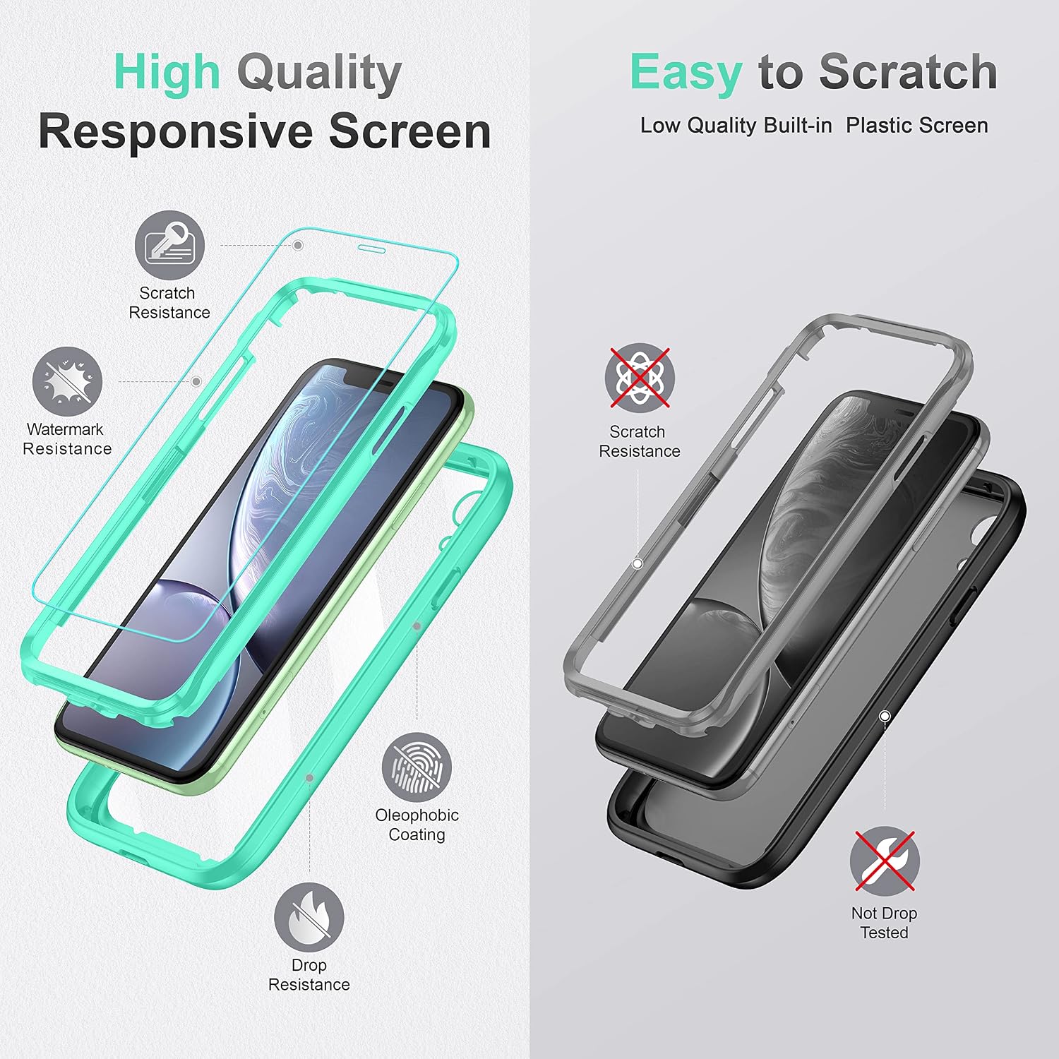 ImpactStrong Compatible with iPhone XR Case, Full Body Heavy Duty Protective Case Full Body Cover Designed for iPhone XR (2X Glass Screen Protector Included) - Mint/Clear