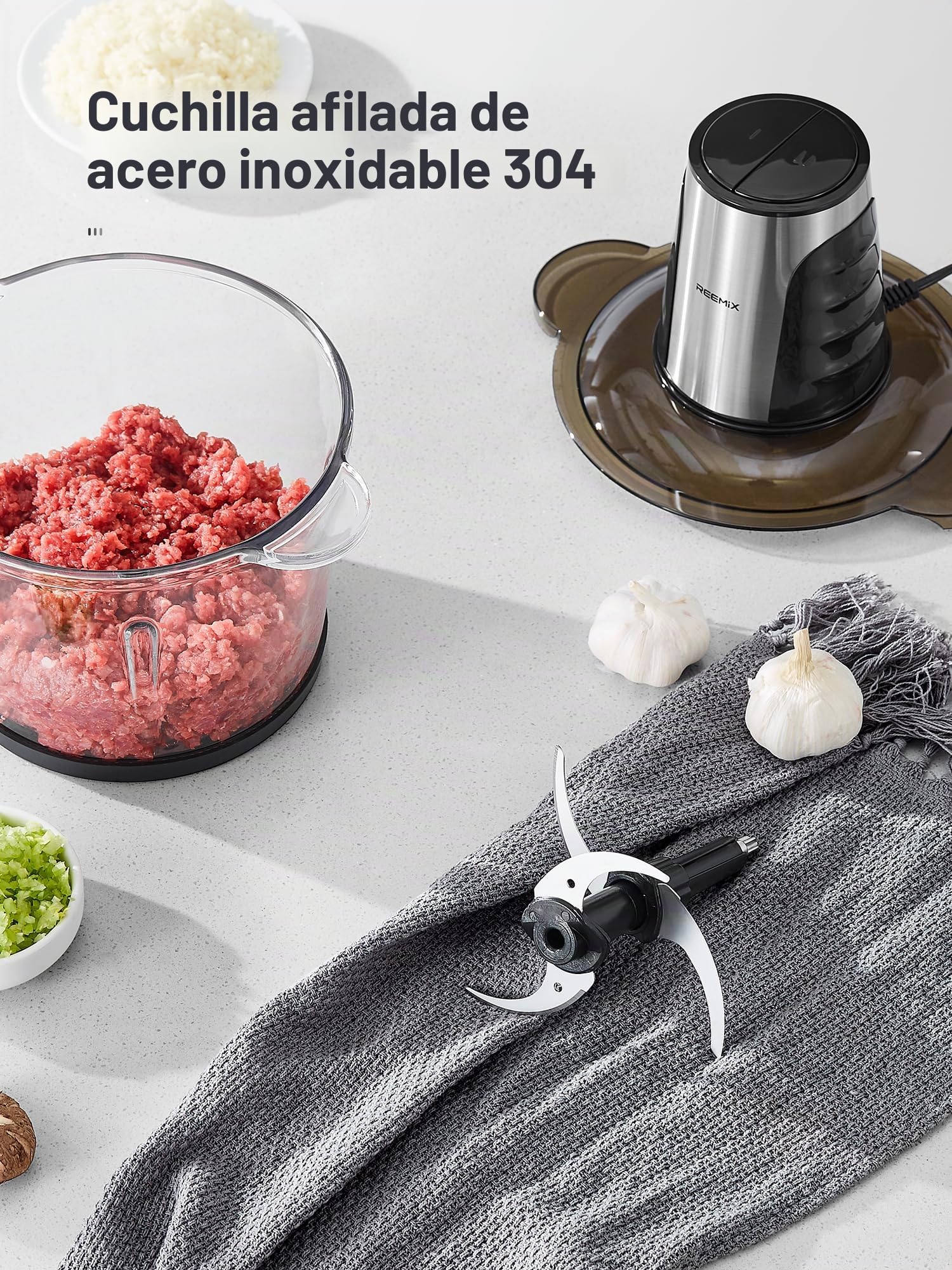 Picadora Eléctrica de Alimetos con 2 Grandes Recipientes (3L+3L), Mini Picadora Eléctrica, 2 Velocidades, 1 Cuchilla de Doble Nivel, Picadora de Carne con Motor de Cobre de 500W