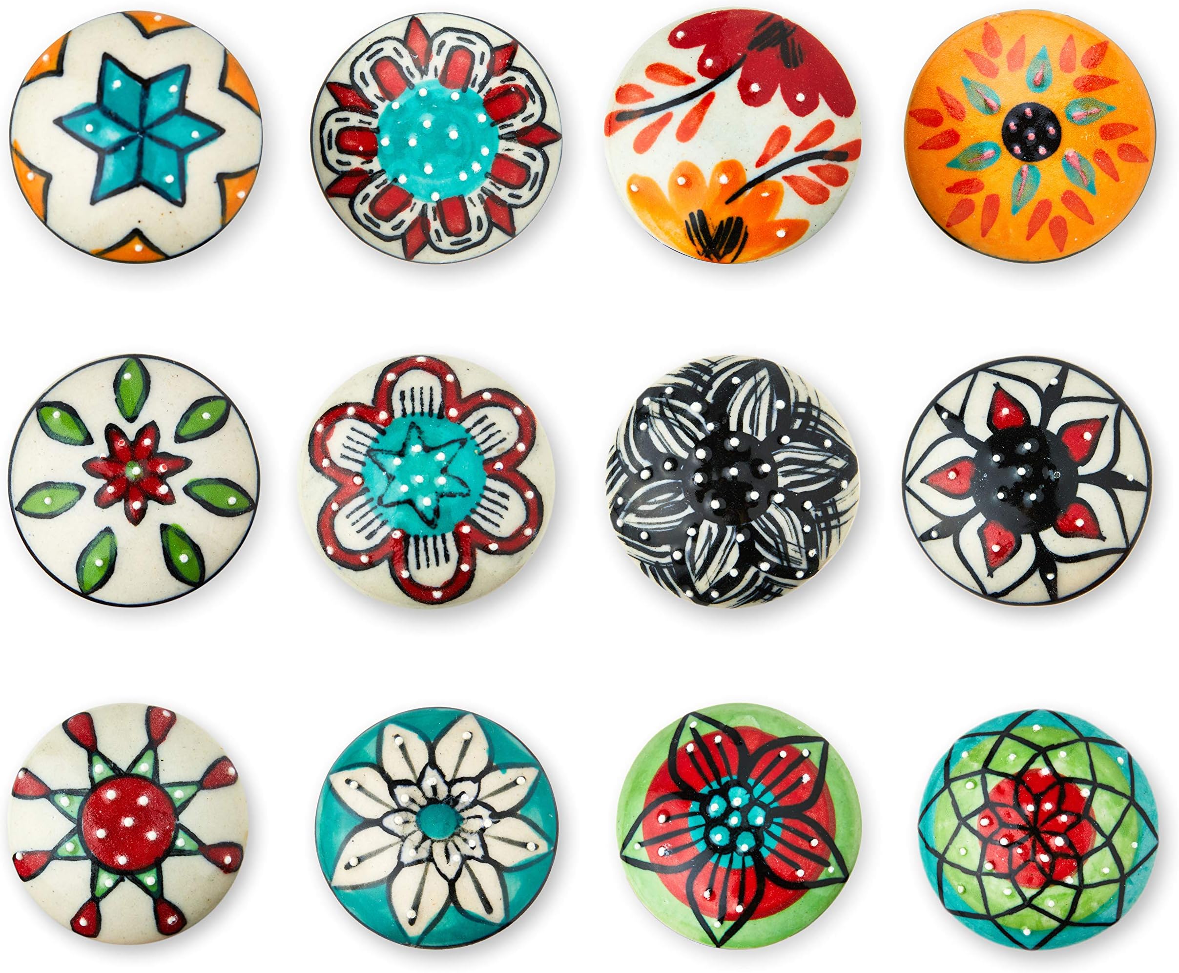New Improved Set of 12 Handmade Ceramic Knobs | Colourful Multi Design Ceramic Cabinet Knobs | Drawer Pulls for any Home, Kitchen, Bathroom or Office | Drawer Knobs Comes with Wrench, Screw Cap & Bolt