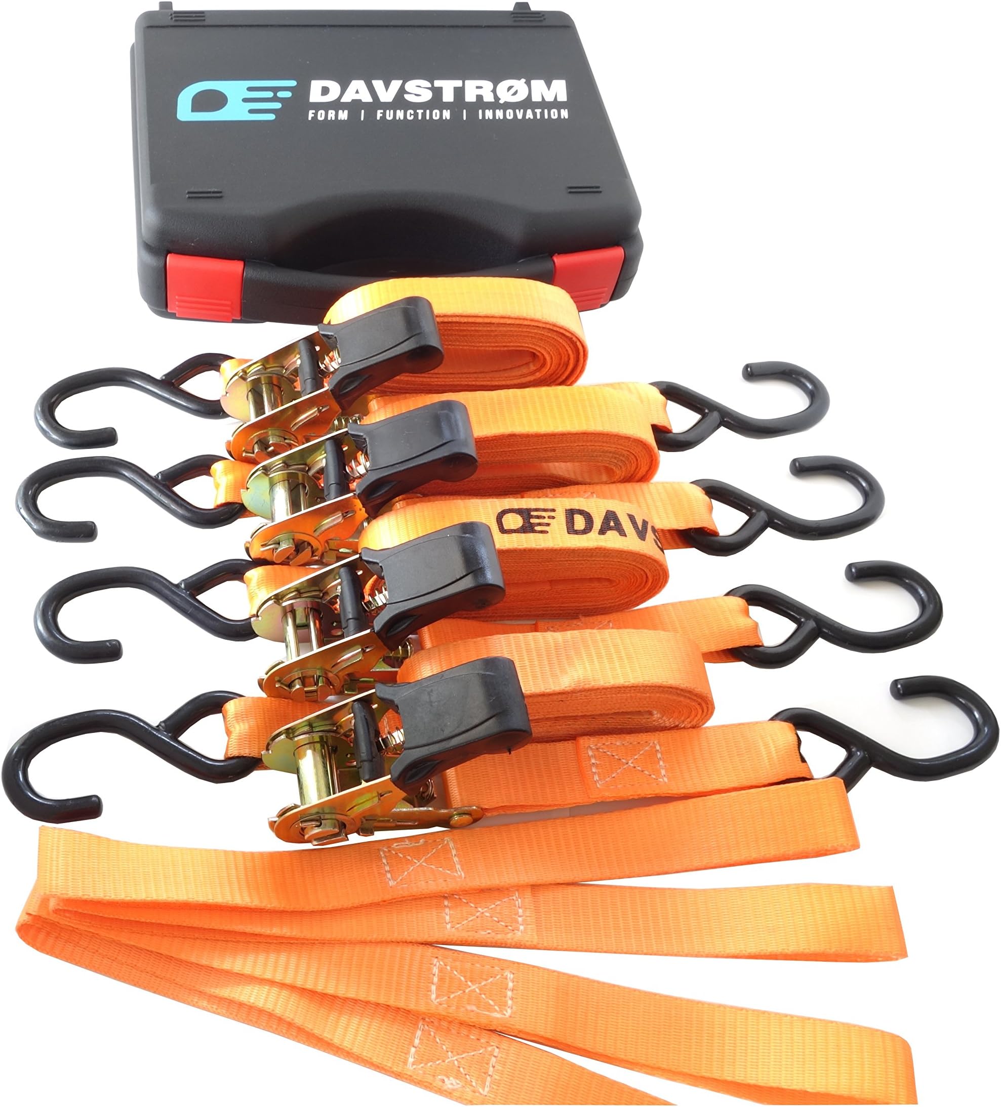 Tie Down Strap, New Davstrom Ratchet Kit, Heavy Duty Cargo Straps [2200lbs Break Strength] 4 x 1inch x 15ft + 4 Soft Loops + Carry Case. Super Safe for Motorbike, Kayak, Camping, Moving. Great Gift