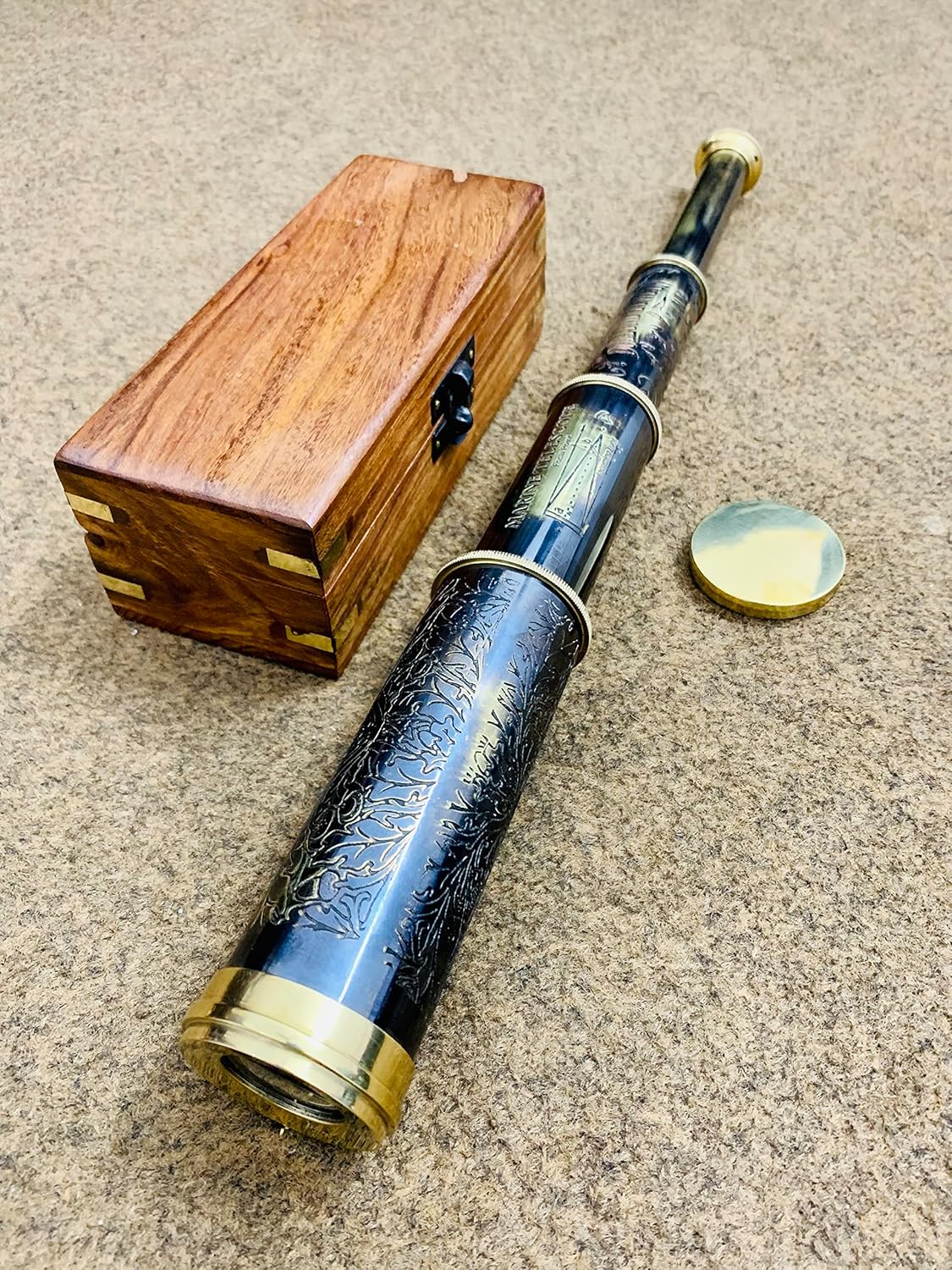 14" Brass Handheld Telescope with Wooden Box Working Maritime Nautical Spyglass Marine Scope Collectible Gift