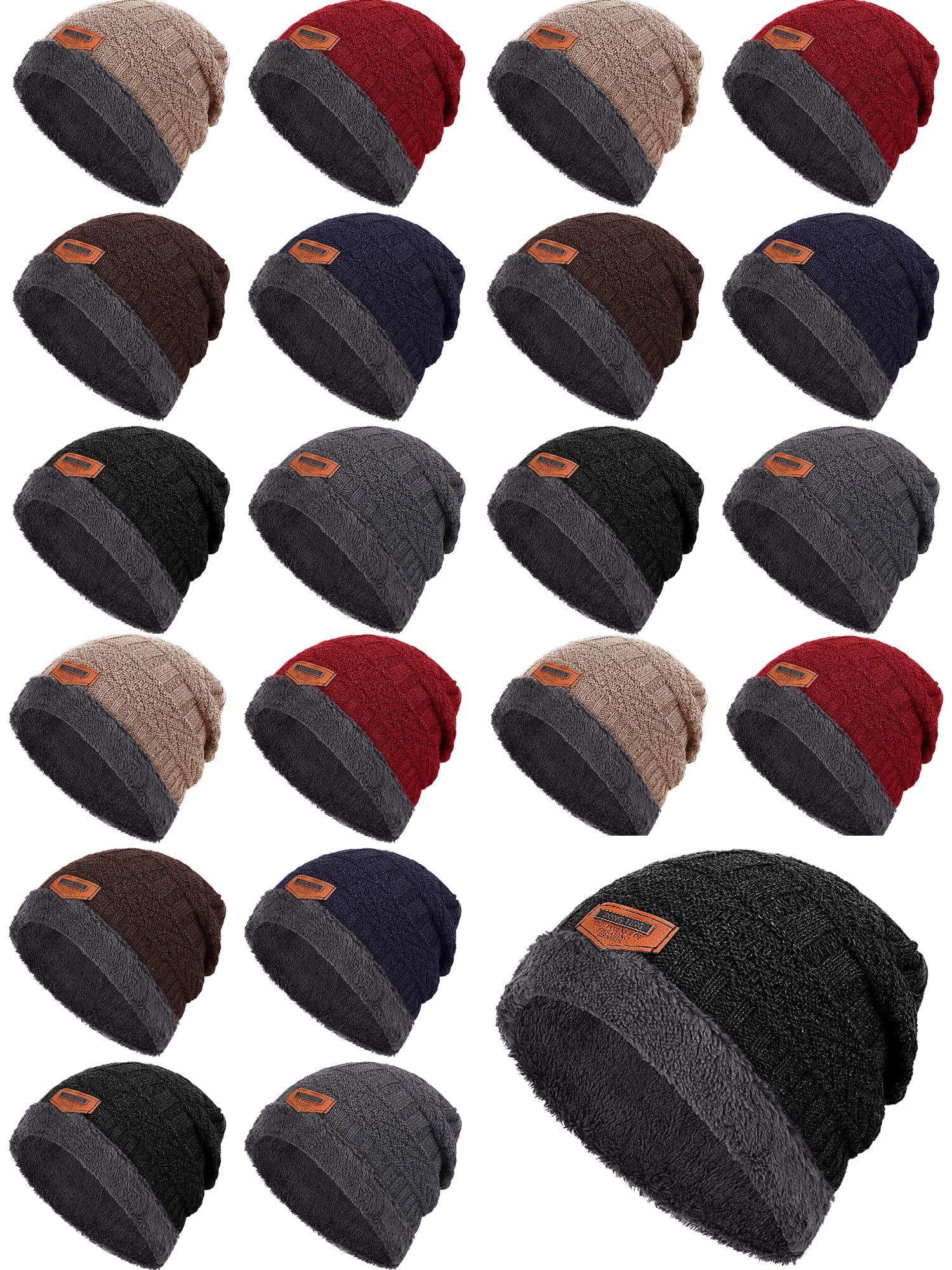 Kigeli 24 gorros de invierno holgados a granel para donaciones sin hogar, gorro cálido interior de forro polar para hombre, gorro de punto grueso al por mayor, Negro, azul marino, rojo, gris, café,