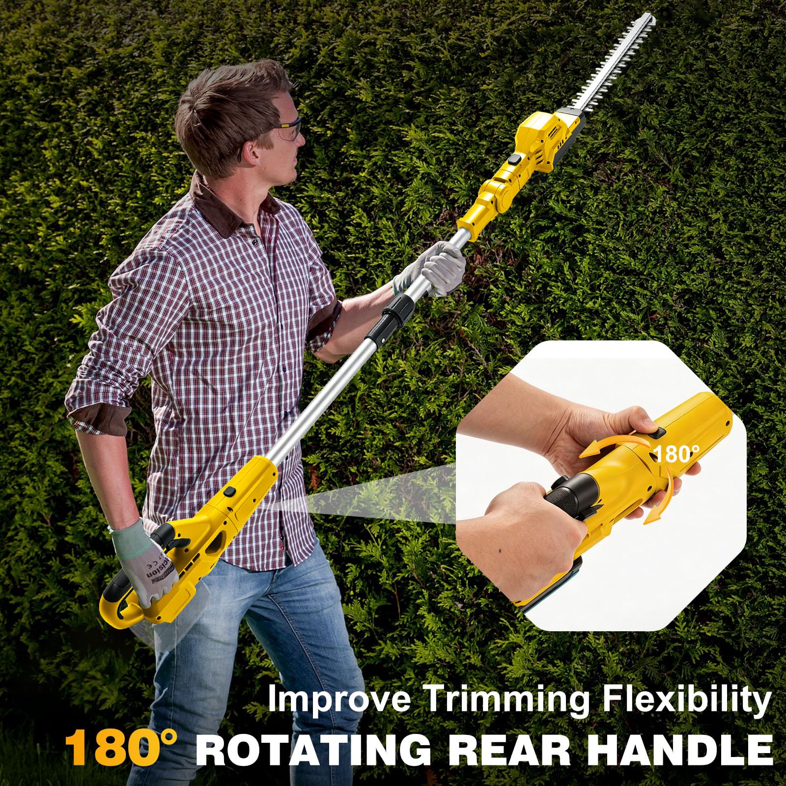 Mini Tronconneuse avec Perche 8 Pouces & Taille-haie Telescopique | pour Dewalt 18 V 20V Batterie, Longueur de Coupe 400 mm Cisaille à Gazon et Arbustes sans Fil sur Perche, Portée Maximale 4,5 m