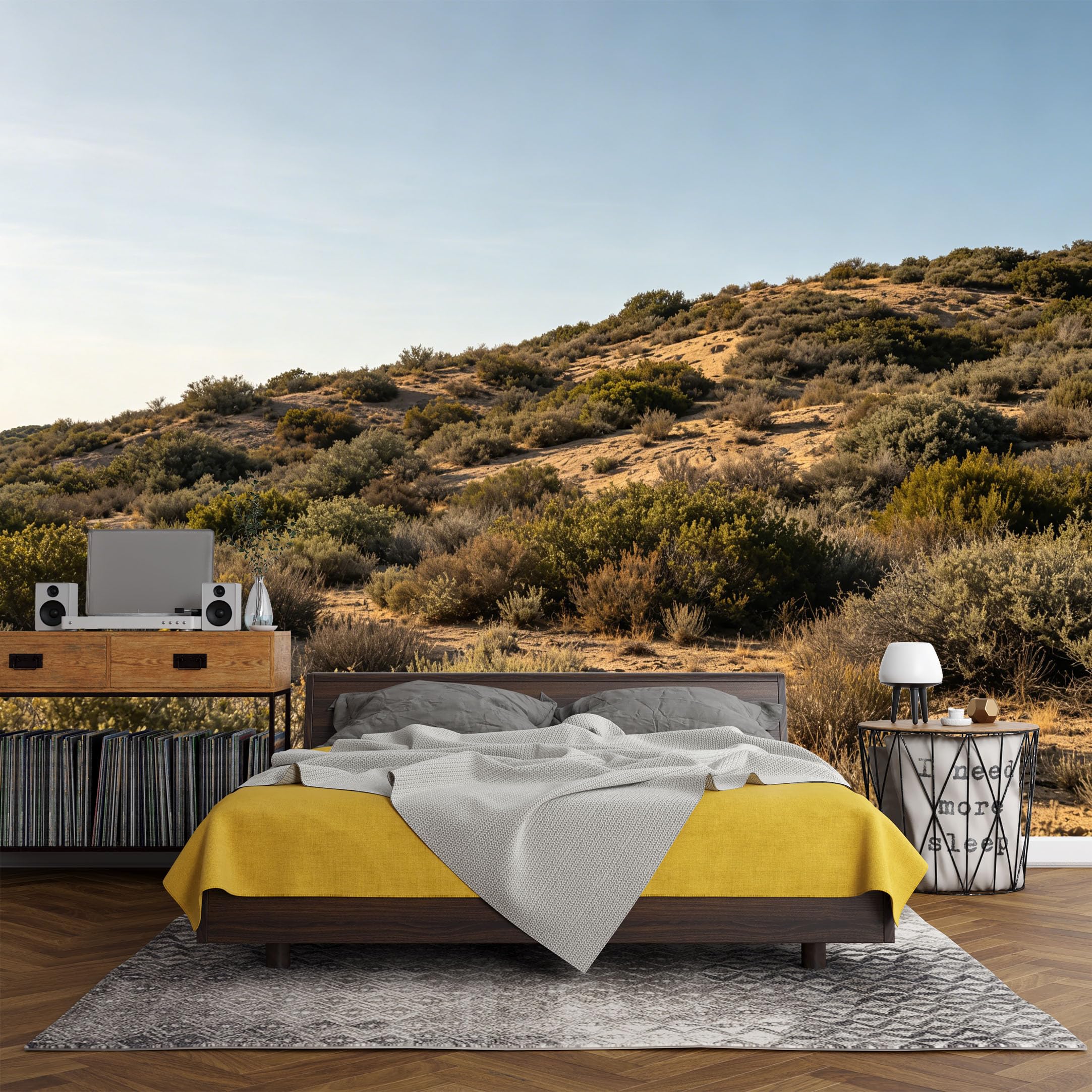 Custom Size Wall Mural， Desert Landscape Golden Dune Shrub Hills Nature Scenic，SelfAdhesive Art Prints wall Fabric (No PVC) Removable Wallpaper Living Room Decor