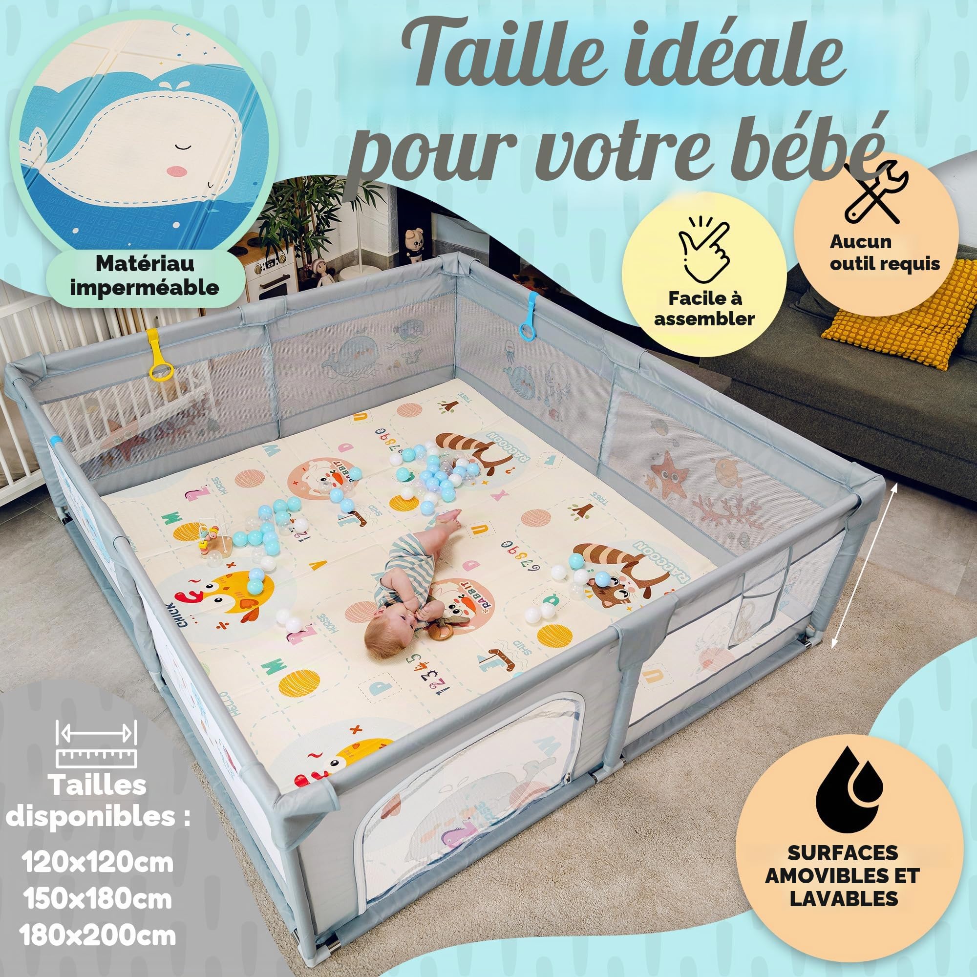 Parc pour bébé 150 x 180 cm + tapis pour bébé + 60 balles + poignées + sacs de transport – Parc de jeux pour bébé avec maille respirante – Playpen Bebe (150 x 180 cm)
