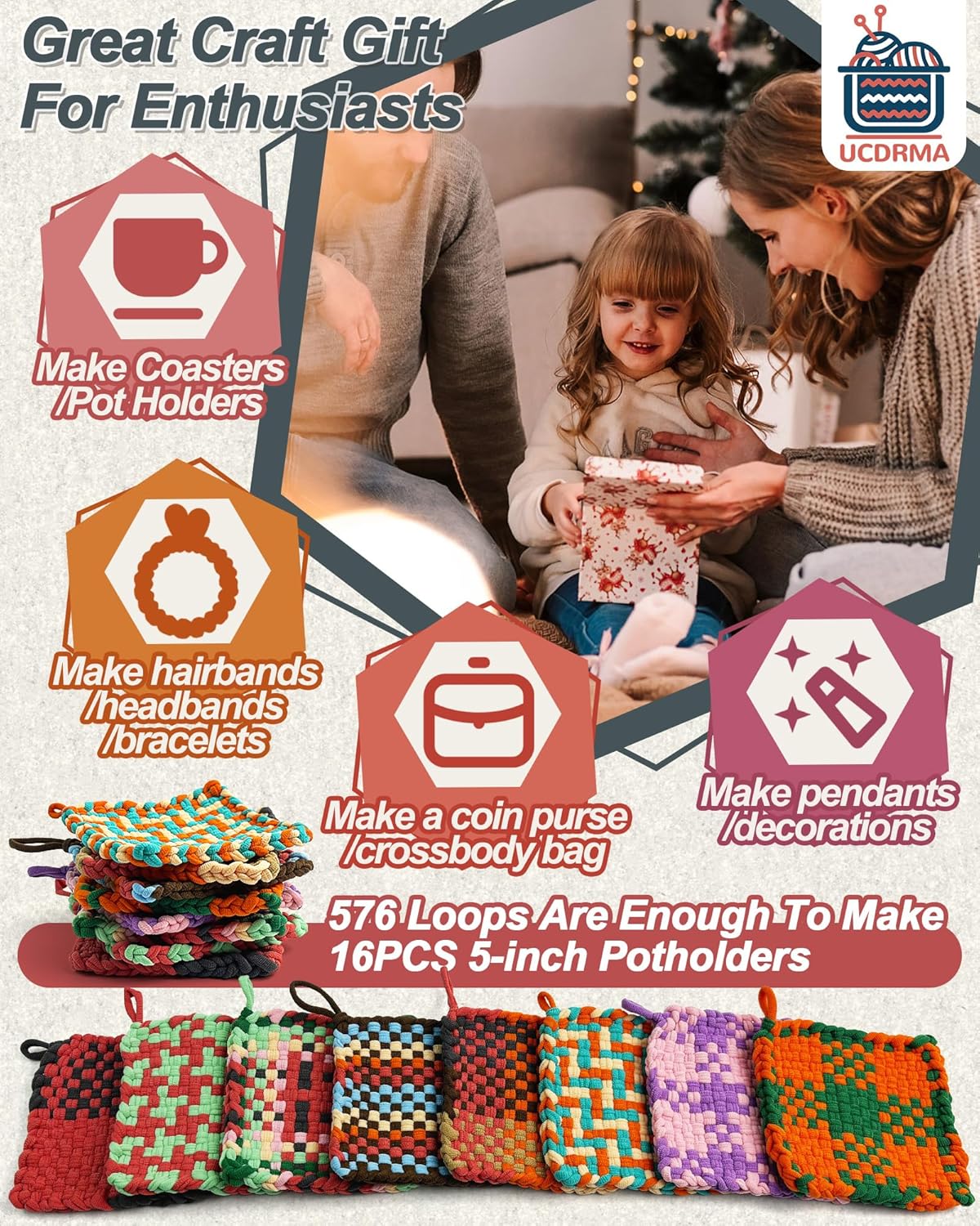 UCDRMA Loom Loops Refill for Potholder Weaving Loom Kit, 576PCS in 12 Morandi Colors Weaving Loom Refill Loops for 7in Loom to Make 16 Potholders, Stretchy Pot Holder Loop Nylon Craft Bands Set