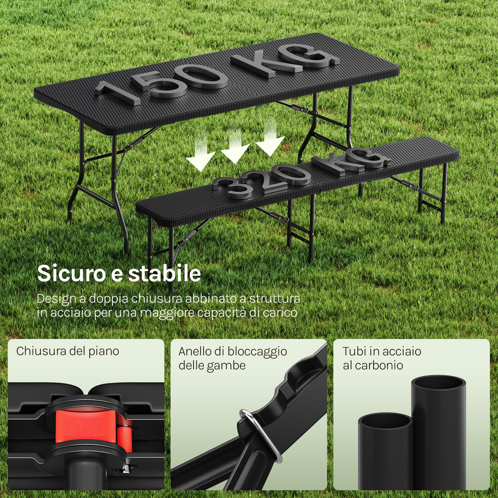 WOLTU Set Birreria 3 Pezzi con Tavolo da Campeggio con 2 Panche Pieghevoli, Set Giardino Esterno Effetto Rattan, Resistente alle Intemperie e Facile da Pulire, per Campeggio, Giardino, Nero