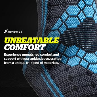 Storelli Ankle Sleeve, Compression Ankle Brace, Zero-Slip Silicone Band, Customizable Fit, Performance Support and Recovery, Superior Breathability, Blue/Grey, Small