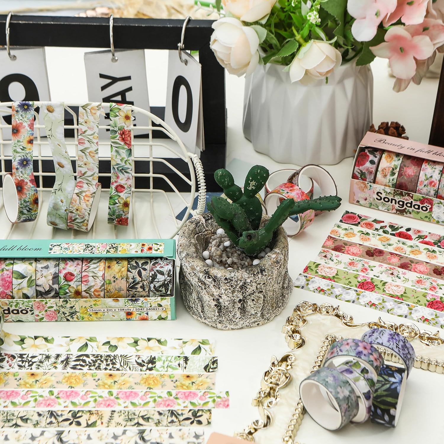 10 Rolls Blooming Flowers Washi Tape Set Floral Arts Adhesive Tapes Colorful Garden Decorative Masking Tape Sets for Craft, Kids, Scrapbook, DIY, Gift Wrapping (6-Silence)