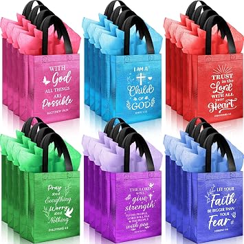 Ribbonlic 24 Pcs Religious Gift Bags with Tissue Paper for Father Day Reusable Non Woven Christian Bible Verse Tote Medium Size with Handle for Sunday School Church Visitors Gift6 Colors