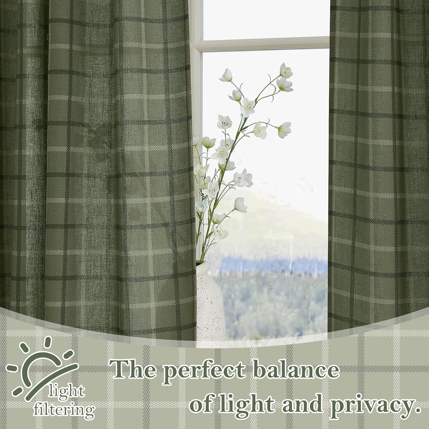 RYB HOME Moss Green Plaid Curtains for Living Room Dining Room, Linen Blend Light Filtering Semi-Sheer Privacy Farmhouse Checkered Window Treatment for Kitchen Bedroom, W52 x L84 Inch, 2 Panels