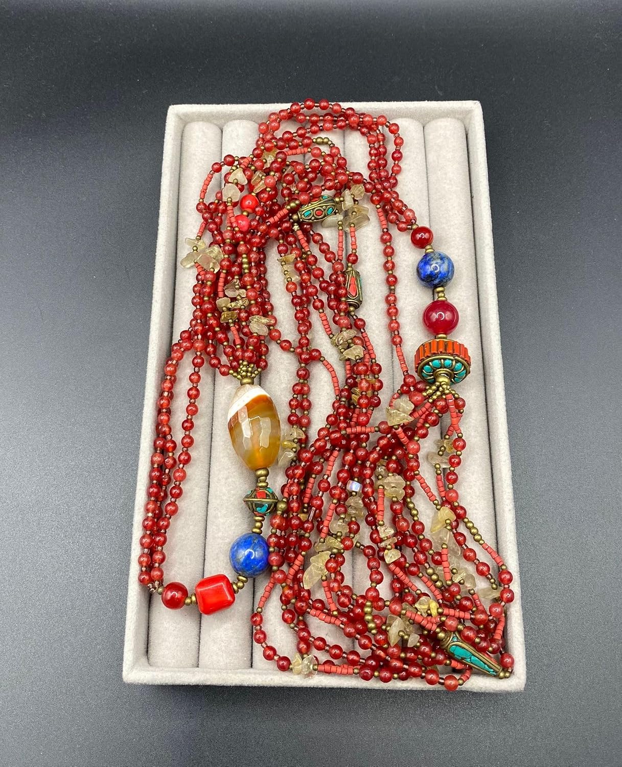 Multi-Strand Red Agate Necklace 32 Inches | Tibetan Nepalese Beads with Turquoise, Coral & Yellow Quartz | Bohemian Ethnic Layered Stone Necklace | Handmade Tribal Jewelry for Women