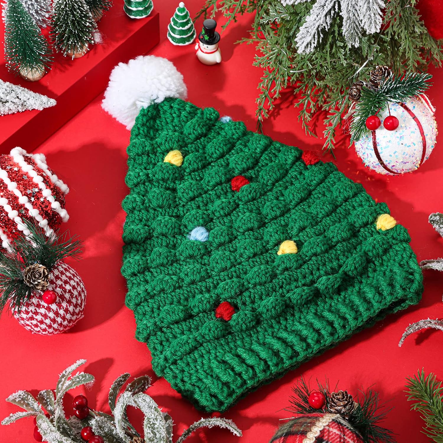 Jeyiour 3 Pieces Christmas Tree Hat Winter Knitted Crochet Beanie Christmas Knit Hat Funny Hat Unisex Christmas fun Caps for Adults