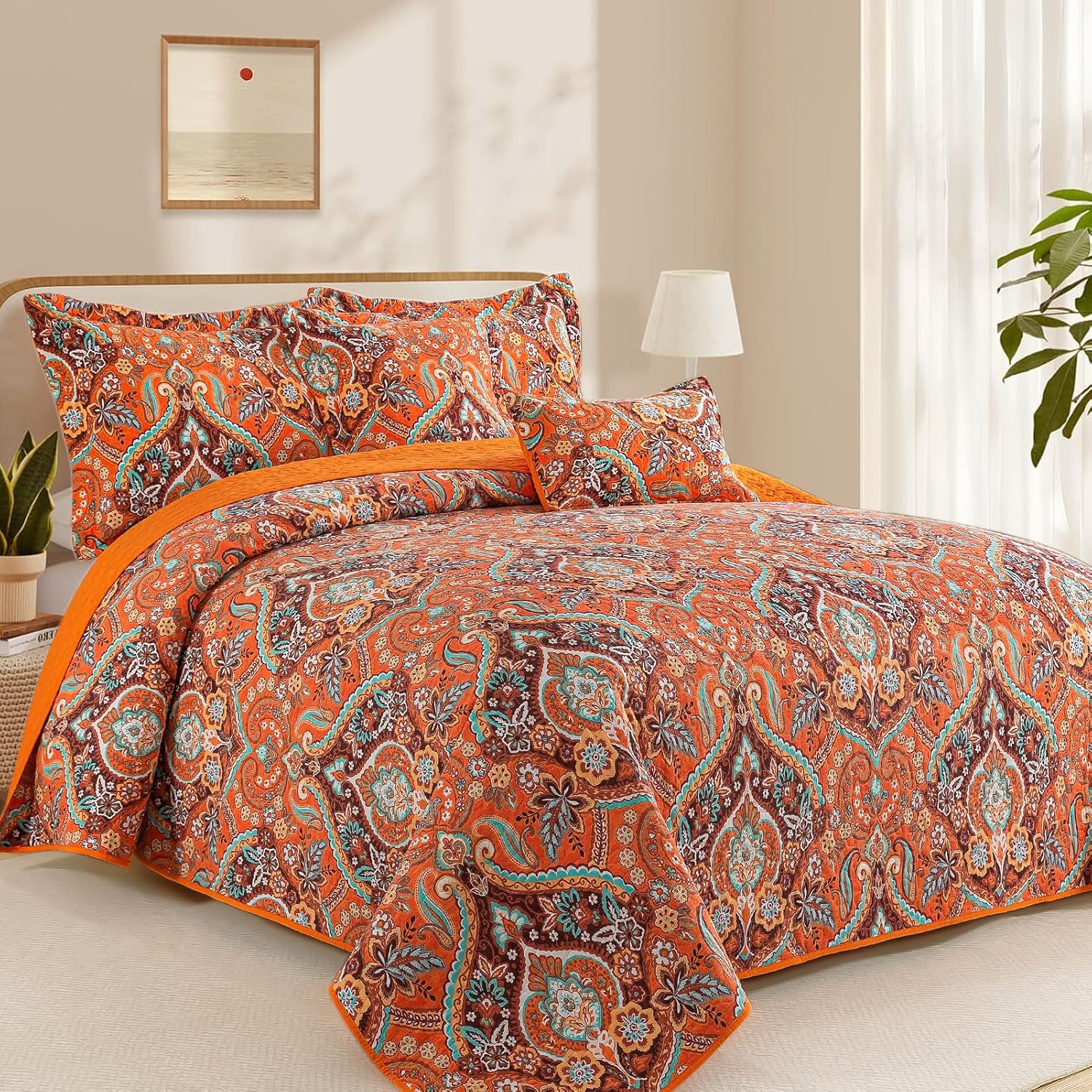 TWINRUN Cotton Queen Size Quilt Bedding Set - Floral Bedspreads for Bed, Lightweight Orange Coverlet Sets, 3 Pieces Quilts Queen Size (90 * 98 Inch) for All Seasons