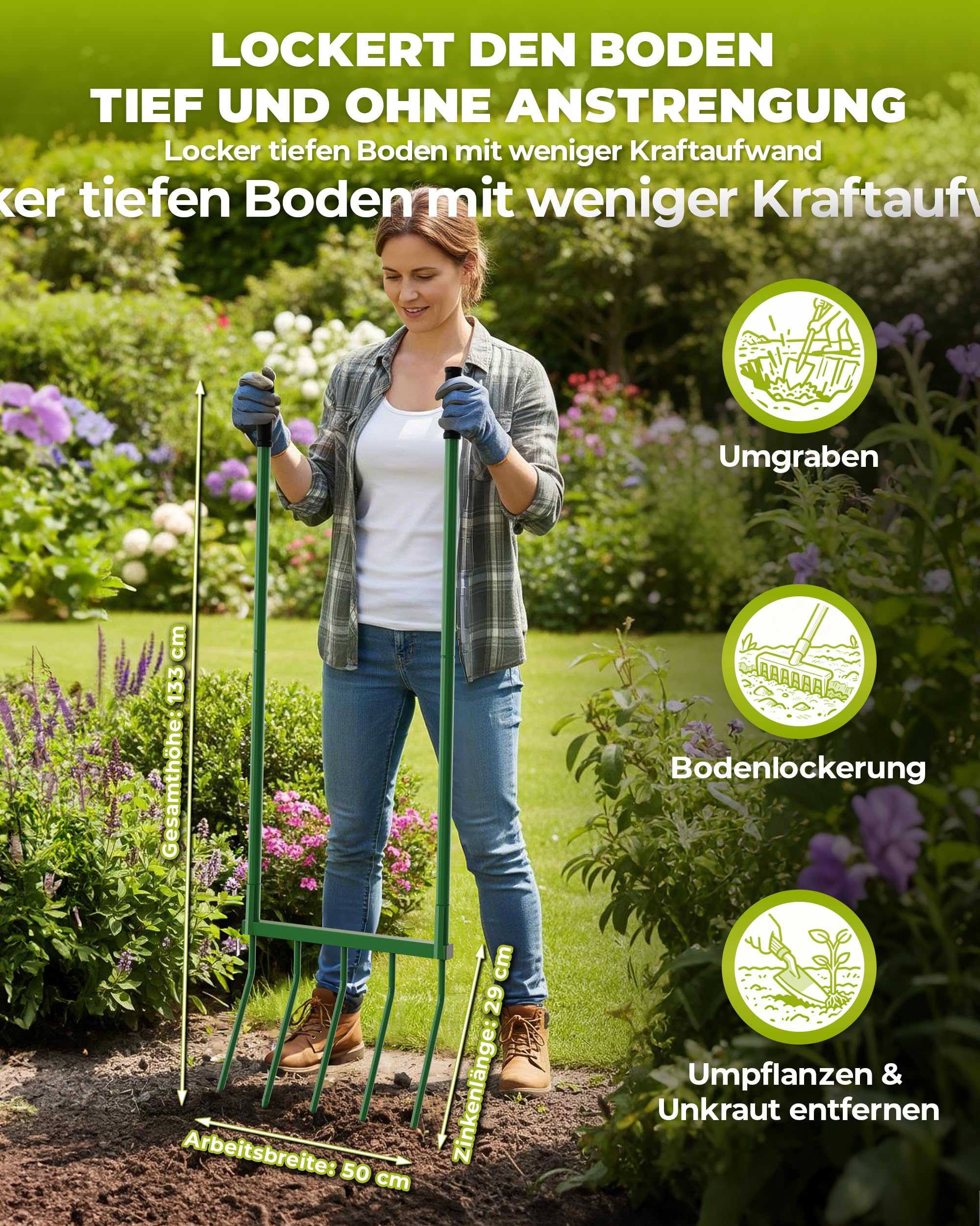 Signstek Grabegabel mit 5 Zinken – 130 cm Gesamtlänge, 51 cm Arbeitsbreite, 30 cm Zinkenlänge – zerlegbare Broadfork zum Tiefenlockern und Belüften des Gartenbodens, ergonomisch & rückenschonend