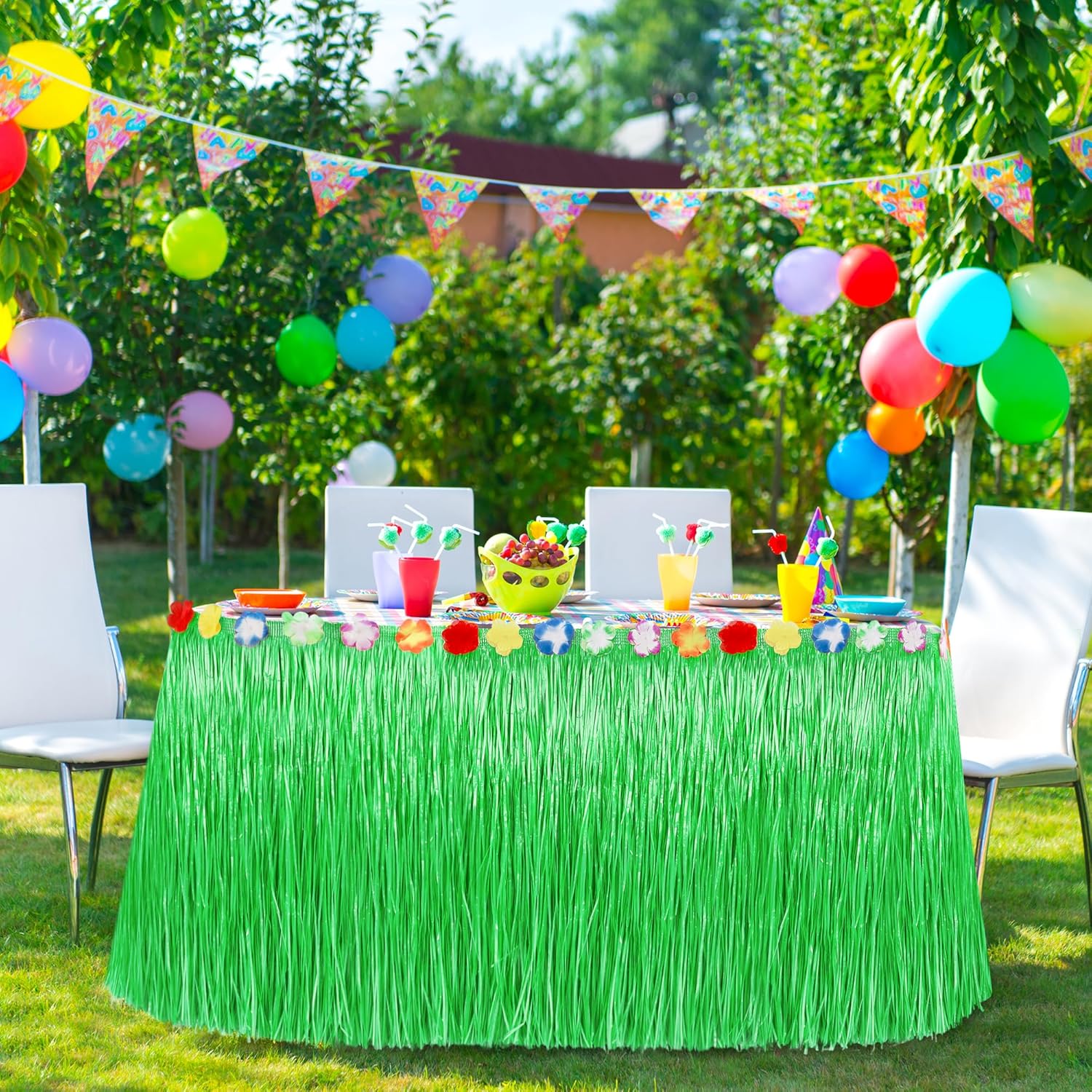 Hawaiian Party Table Decorations, 1PCS Green Luau Party Table Skirt Decorations, 108 X 29.5" Grass Skirts Luau Party Favors, Luau Table Skirt for Summer Tropical Hula Parties Decor Accessories - Image 5