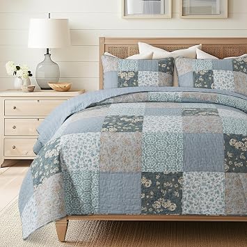 SLPR - Wildflowers Blue Floral Patchwork Cotton Quilt Set, Queen, 2 Shams