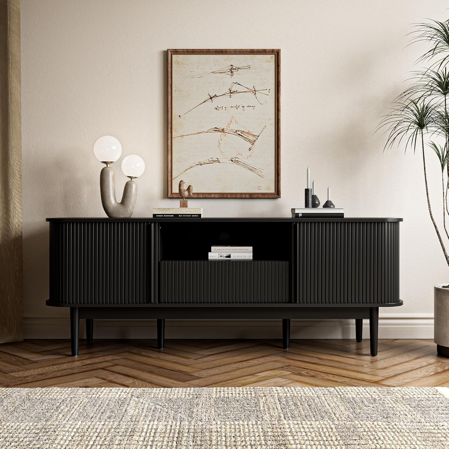 Furniway Modern TV Stand for 45/55/70 inch TV, Entertainment Center with Sliding Doors and Storage, Wood TV Stand for Bedroom, Living Room, Black