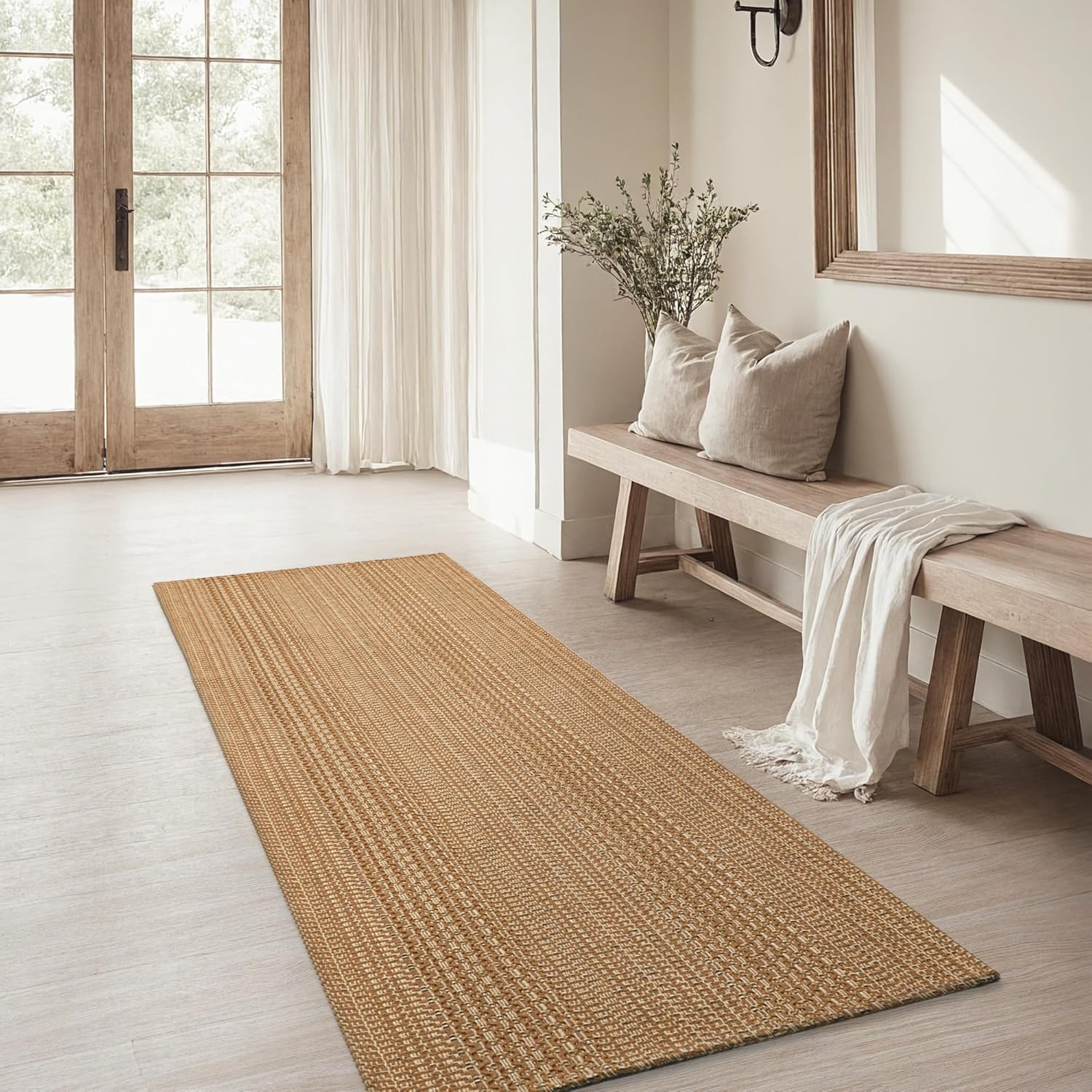 2x6 Washable Runner Rug, Textured Natural Woven Low-Profile Hallway Runner with Non-Slip Backing, Neutral Light Brown, for Kitchen, Laundry Room, Entryway