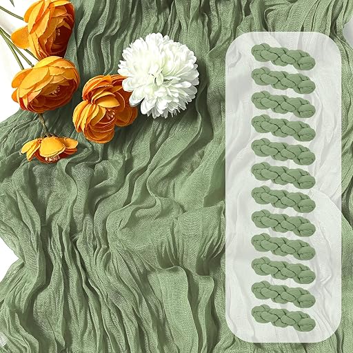 12 Pack Sage Green Cheesecloth Table Runner 17 x 108 Inch Gauze Table Runner Fabric Semi Sheer Cheese Cloth Table Decor Bulk for Rustic Romantic Wedding Baby Shower Table Decoration
