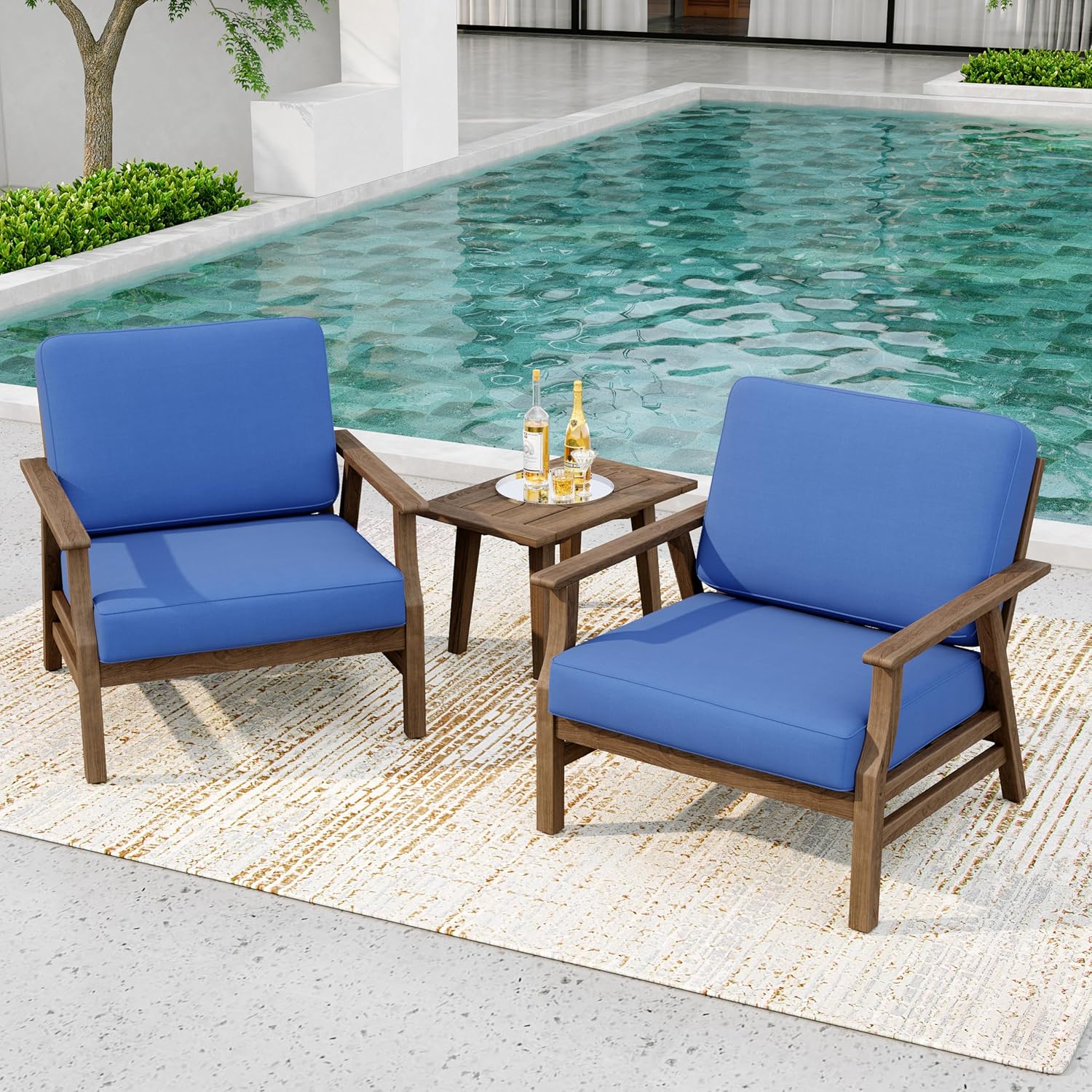 UIXE 2 Piece Wood Patio Chair Outdoor Bistro Set, Outdoor Armrest Chair All Weather Patio Sofa Furniture Backyard Conversation Sets with Cushions, Blue