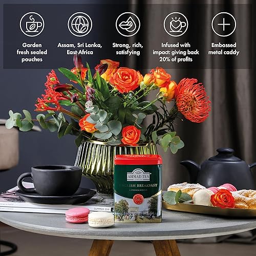 Ahmad Tea Caddy - Lata de regalo, escena inglesa, desayuno inglés, 3.53 oz