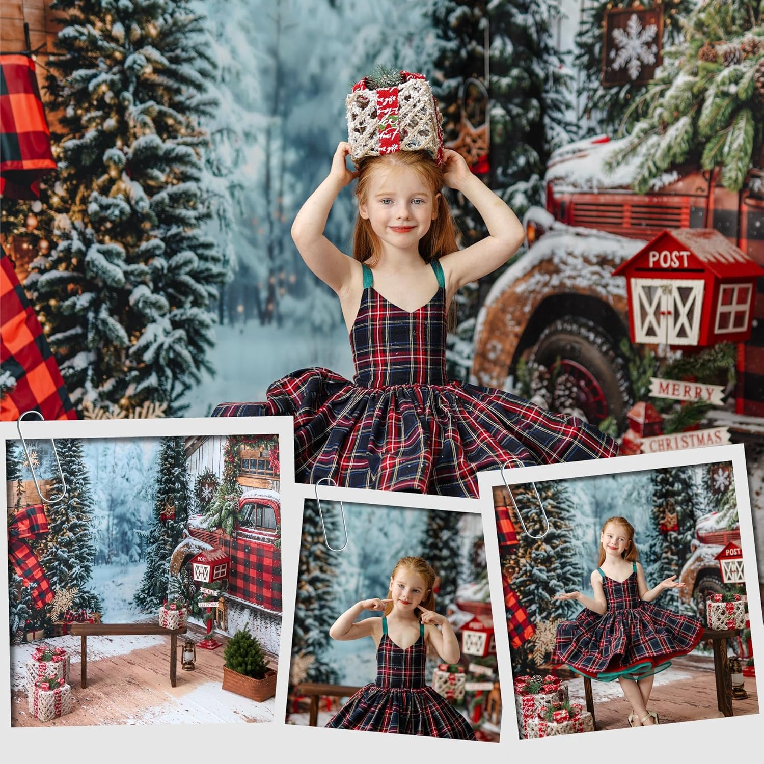 Kate Christmas Red Truck Photo Kit Themed Bundles for Kids Photography Room Set Includes 3 Backdrops & 7 Piece Set(Total of 10 Sets)